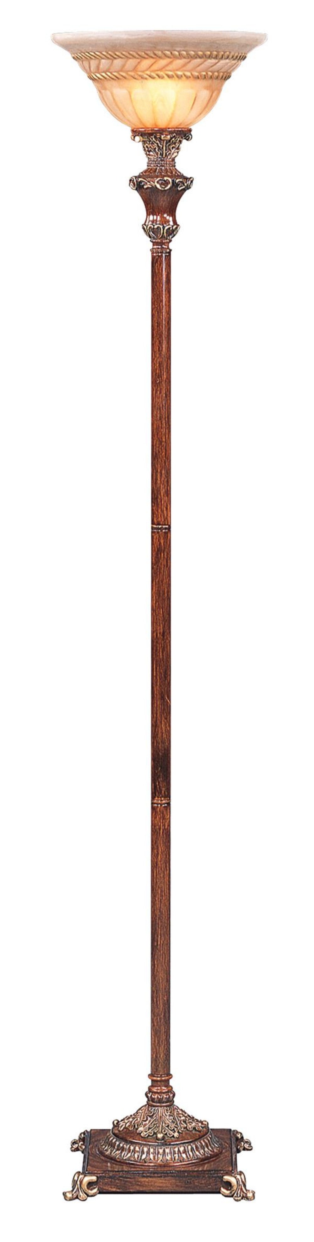 69" Brown Faux Wood Torchiere Floor Lamp With Brown Stained Glass Bell Shade