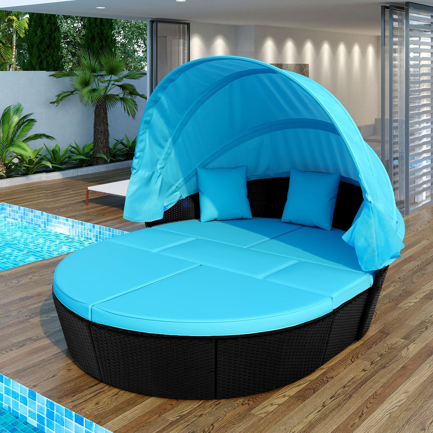 TOPMAX Outdoor Rattan Daybed Sunbed with Canopy, Round Sectional Sofa Set (Blue)-4