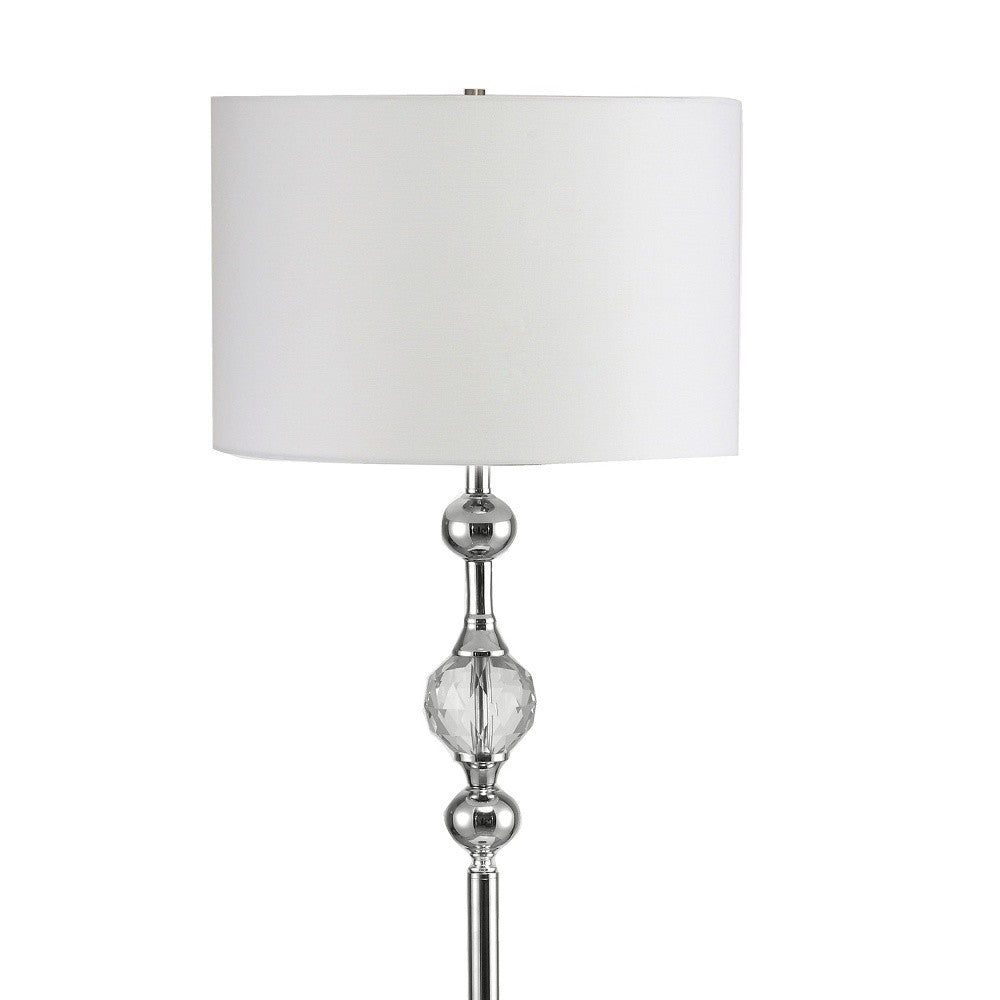 63" Chrome and Crystal Orb Shaped Floor Lamp With White Drum Shade