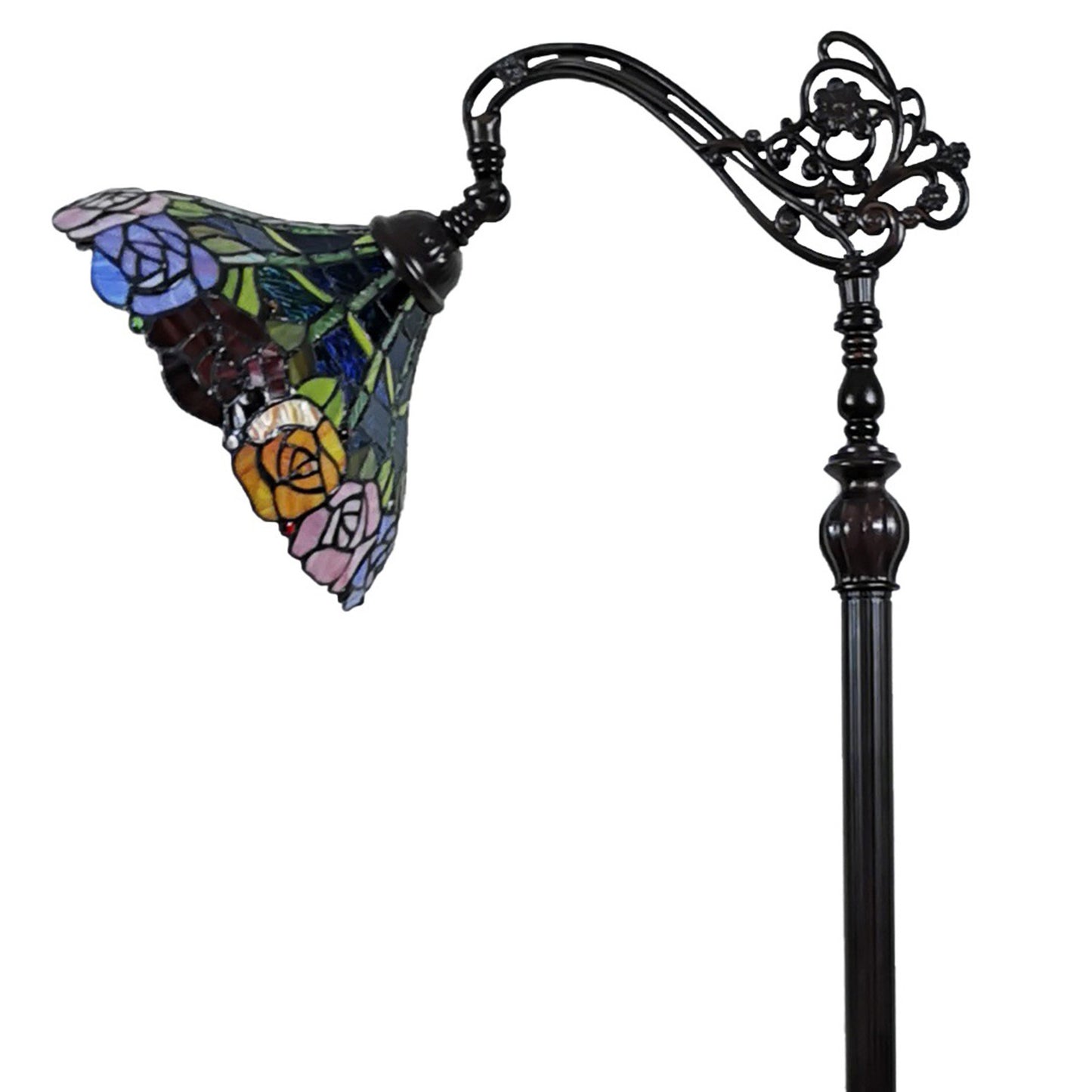 74" Brown Traditional Shaped Floor Lamp With Blue Red And Yellow Flowers Stained Glass Dome Shade