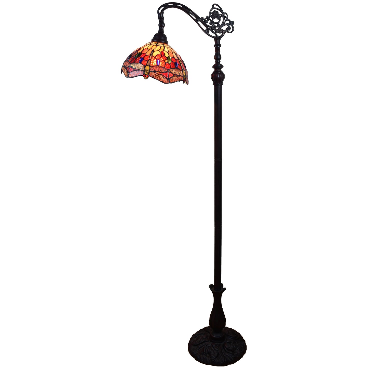 61" Brown Traditional Shaped Floor Lamp With Red Yellow And Brown Stained Glass Dome Shade