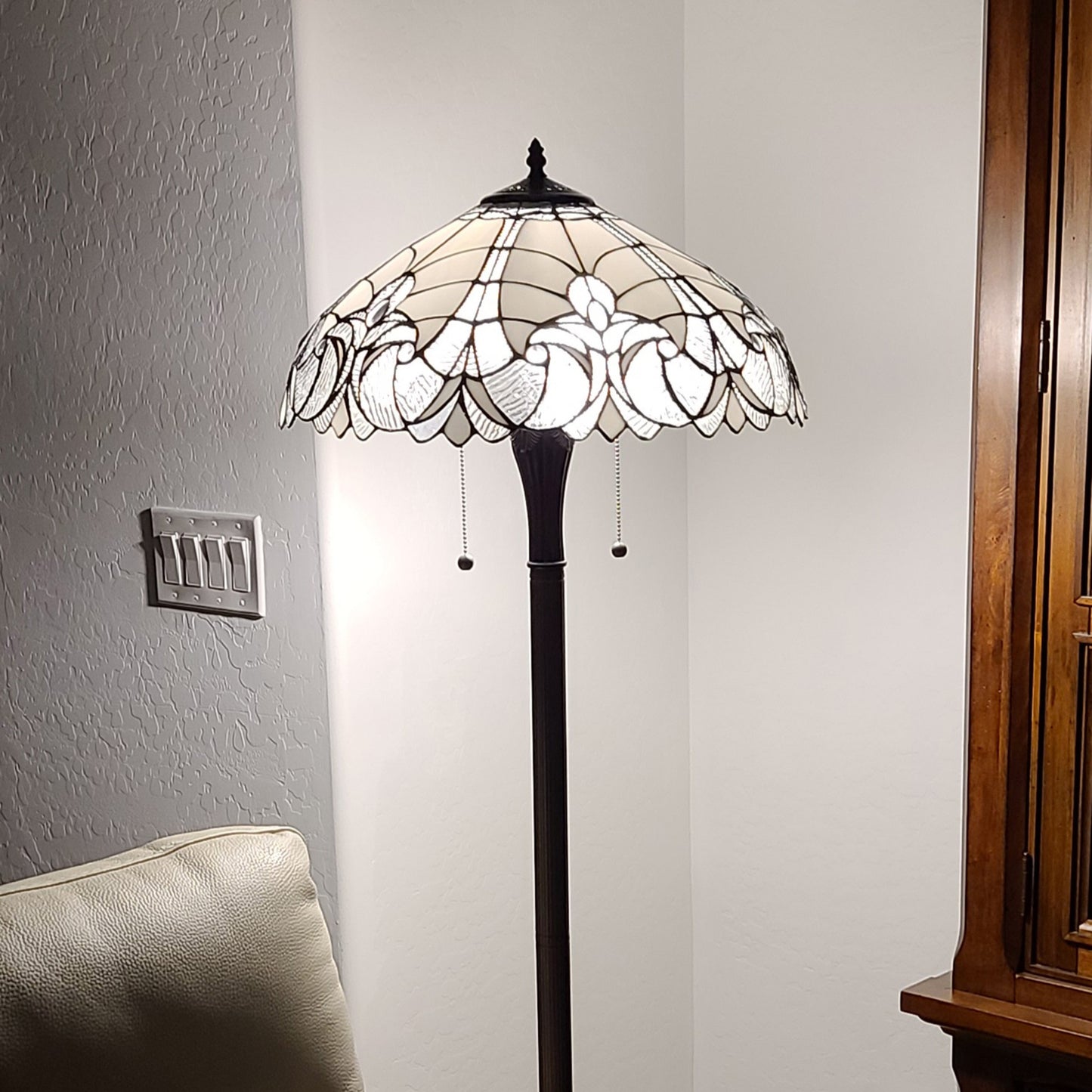 62" Brown Two Light Torchiere Floor Lamp With White Fleur De Lis Stained Glass Dome Shade