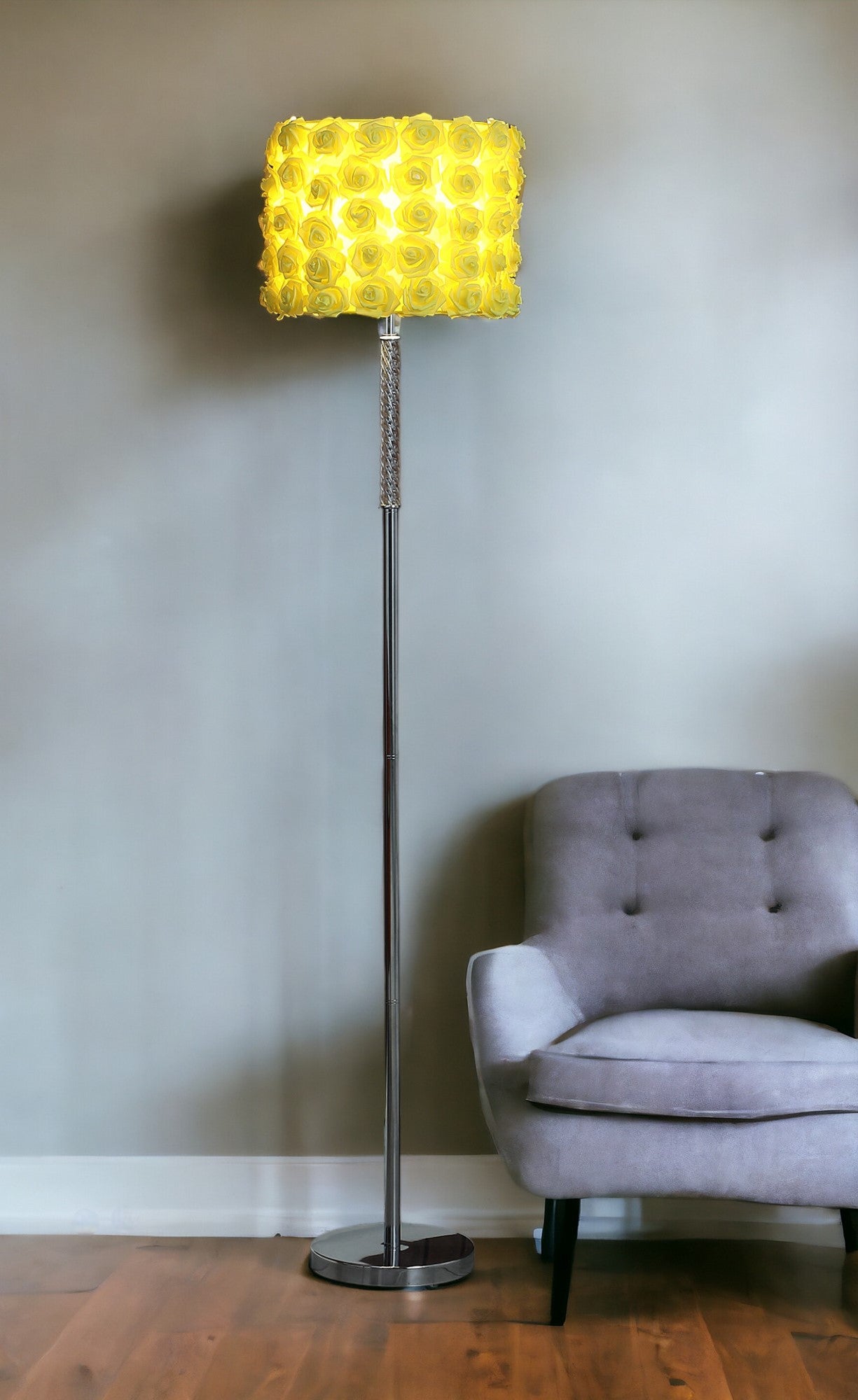 63" Steel and Acrylic Floor Lamp With Pink Flowers Fabric Drum Shade