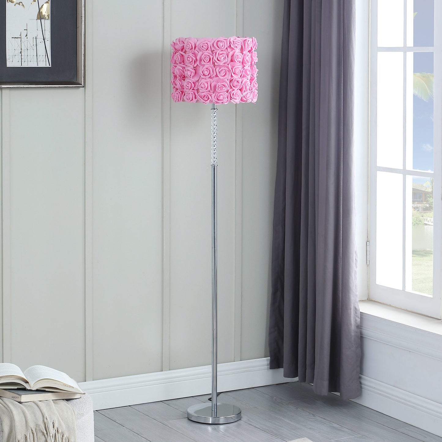 63" Steel and Acrylic Floor Lamp With Yellow Flowers Fabric Drum Shade