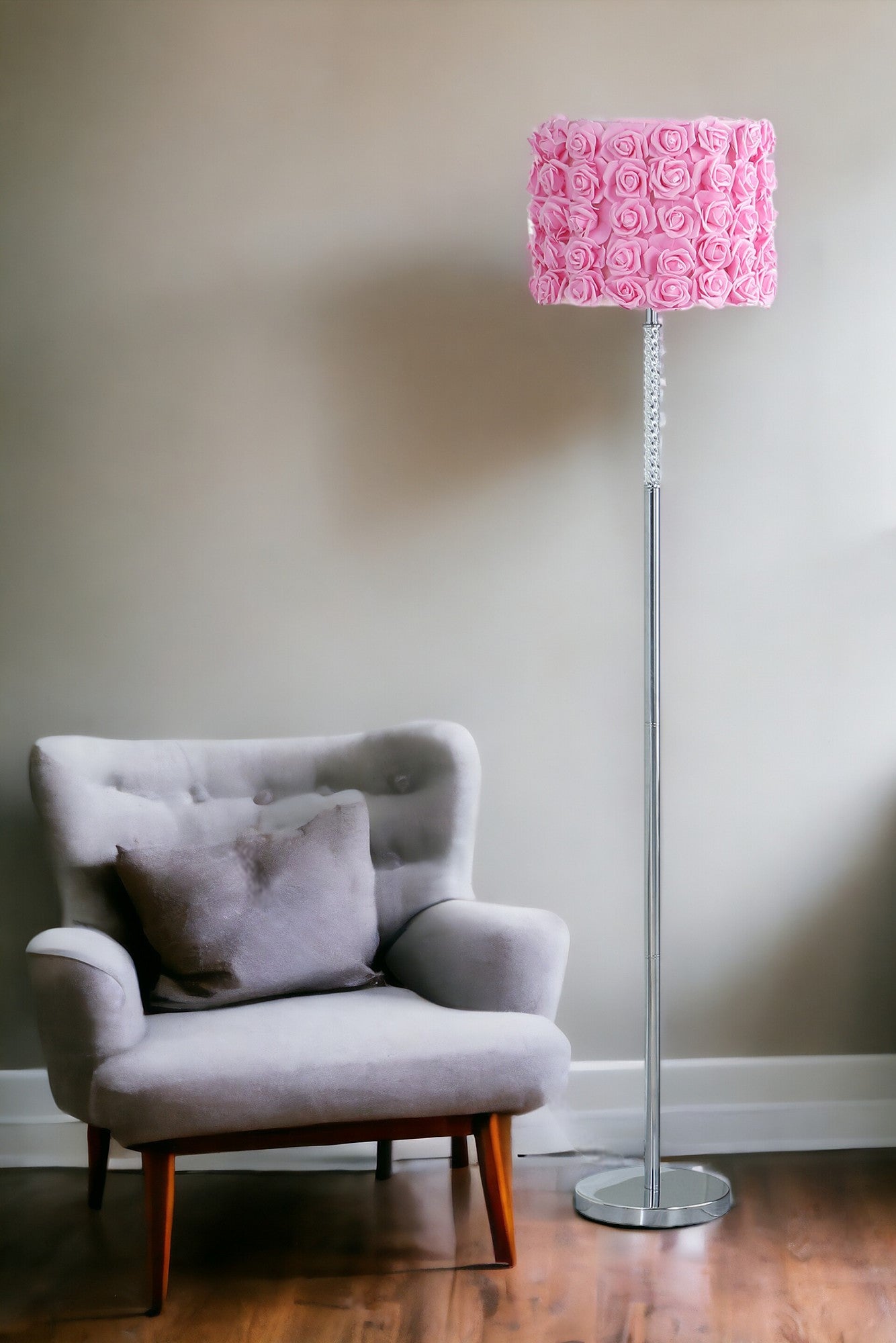 63" Steel and Acrylic Floor Lamp With Yellow Flowers Fabric Drum Shade