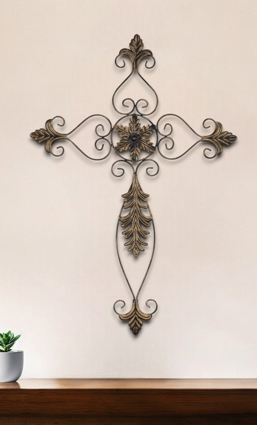 30" X 22" Bronze Floral Cross Metal Hanging Dimensional Sculpture