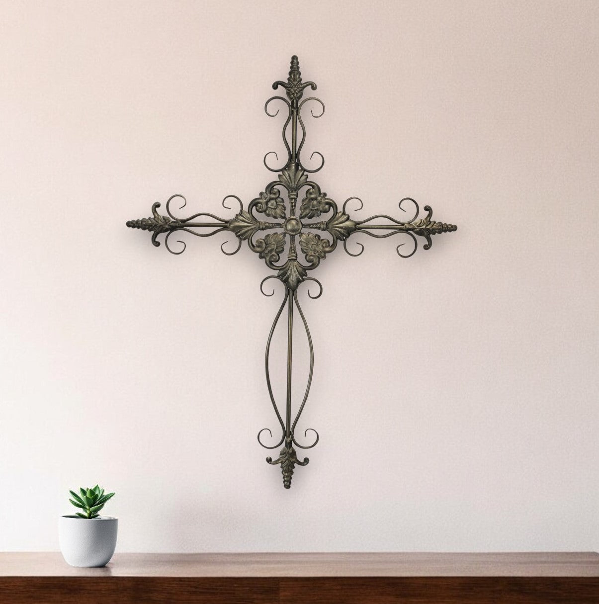 22" Gray Metal Scroll Design Gray Hanging Cross Wall Decor