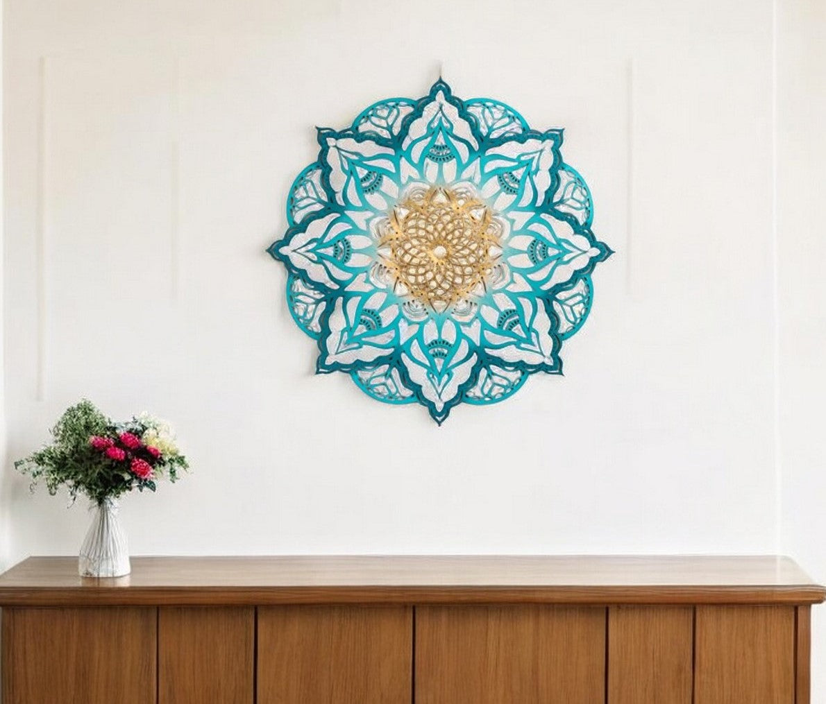 Turquoise And Gold Solid Wood Geometric Mandala Wall Decor