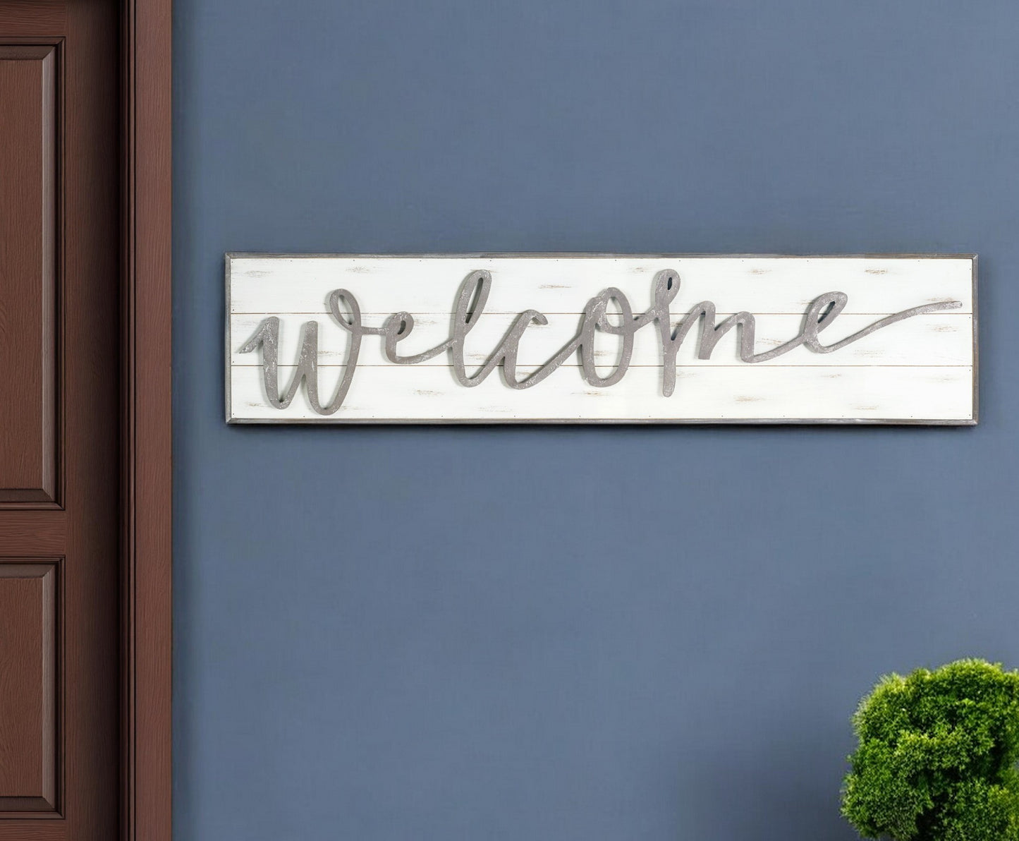 11" X 48" White and Gray Welcome Solid and Manufactured Wood Wall Decor