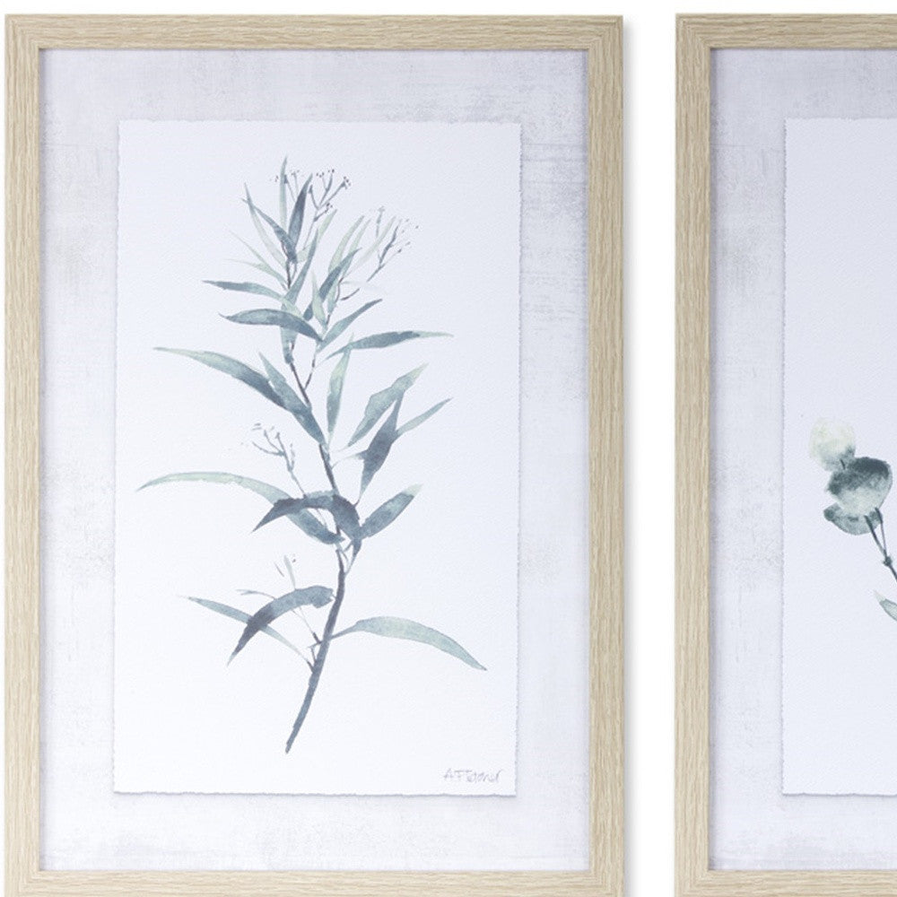 Set of Two 18" X 13" Natural and Gray Leaf Floral Framed Art