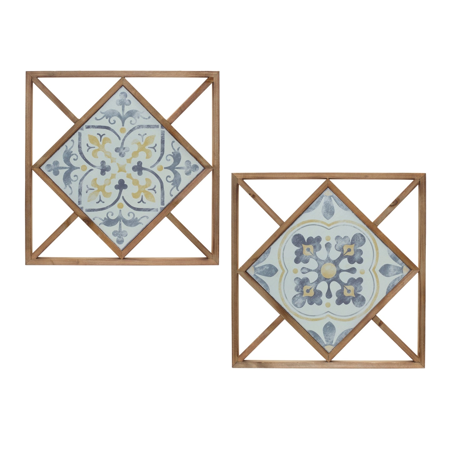 Set of Two 14" X 0" White Blue and Brown Floral Wood and Metal Framed Art