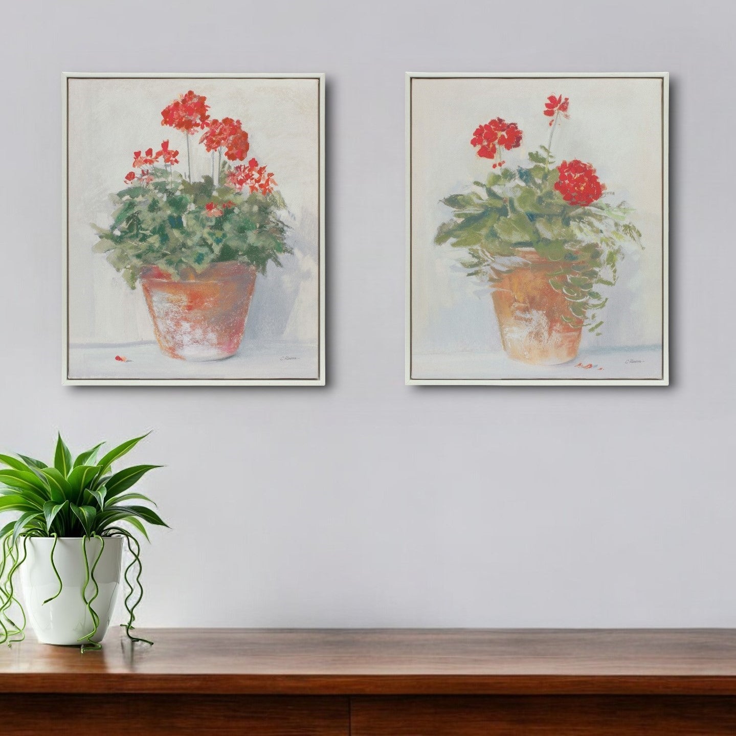 Set of Two 13" X 11" White Brown and Red Flower Framed Art