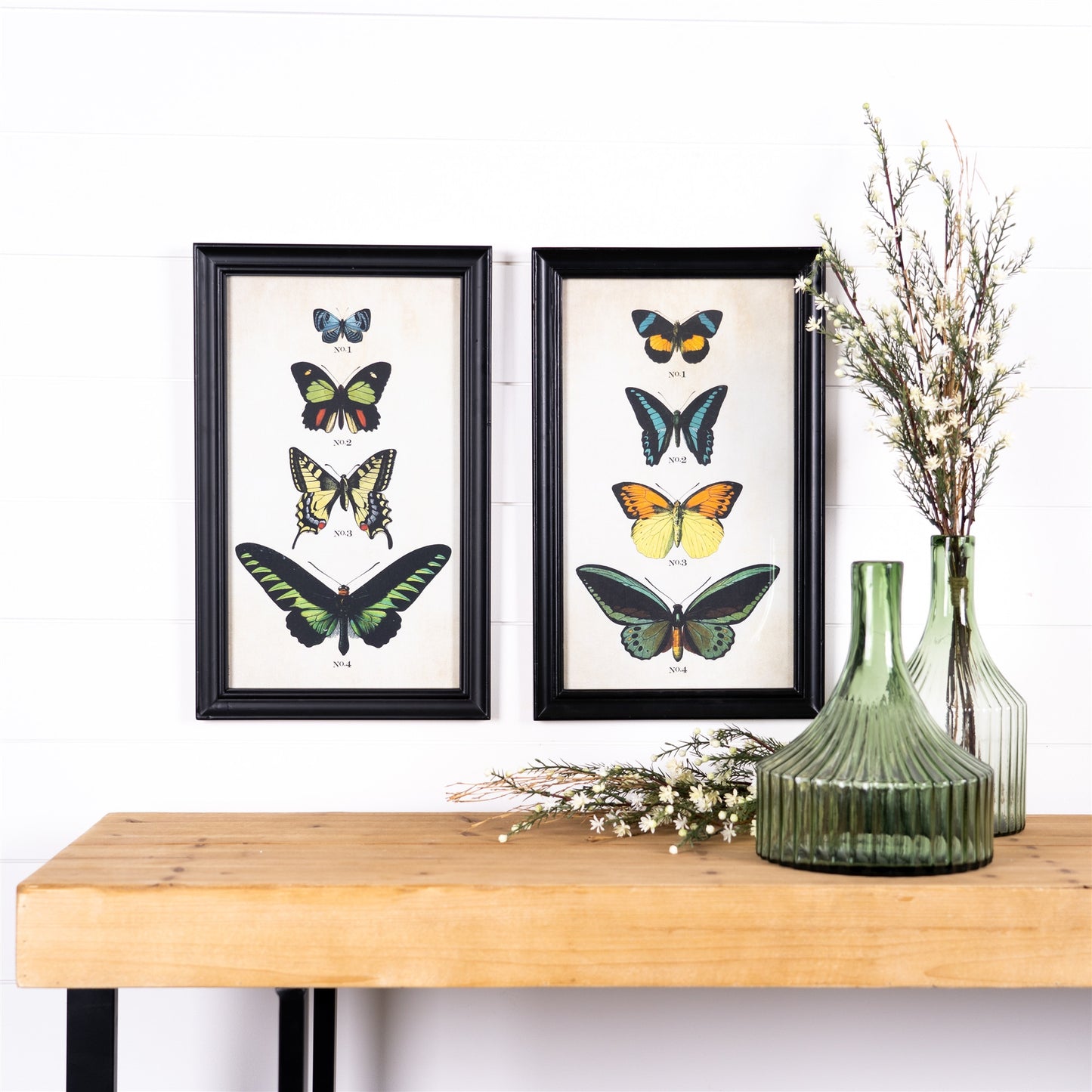 Set of Two 18" X 11" Black Blue and Green Butterfly Solid Wood Framed Art