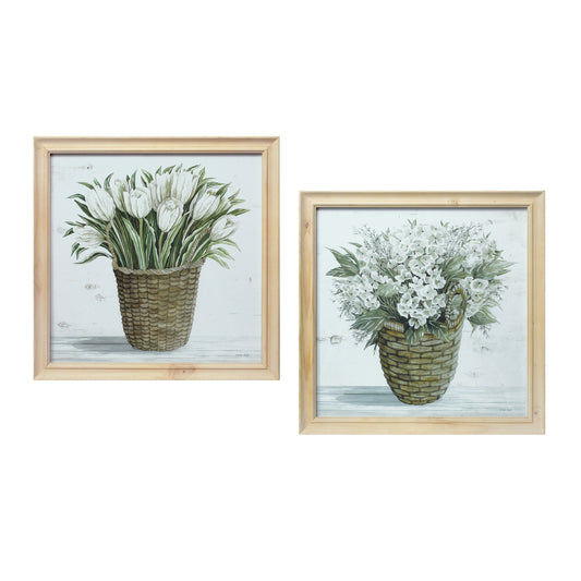 Set of Two 17" X 17" Natural and Green Flower Bouquet Solid Wood Framed Art