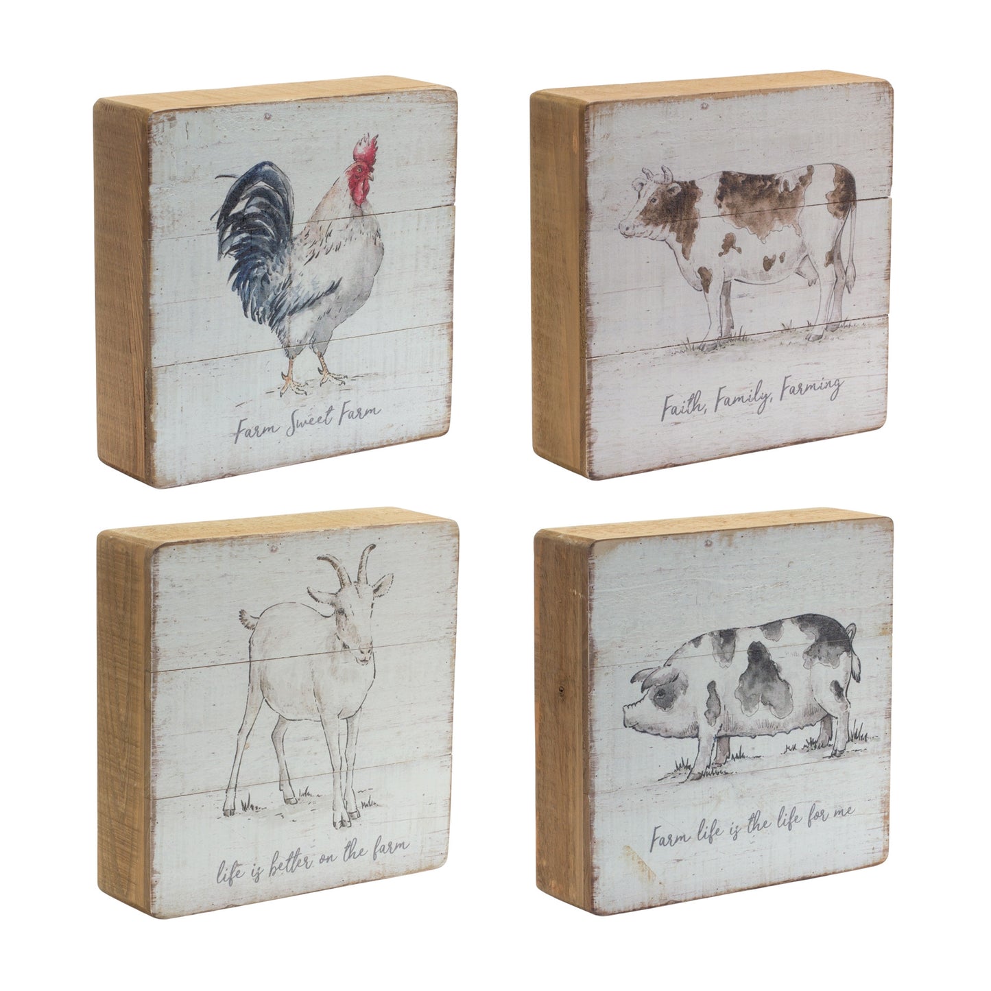 Set of Four 8" X 8" White and Natural Farm Animals Wood Framed Art