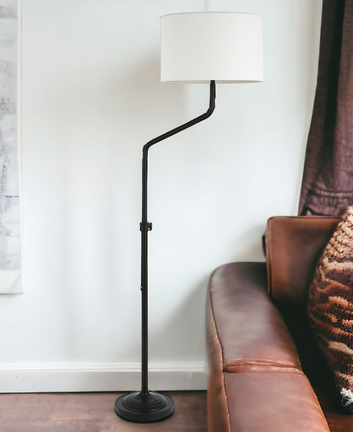 66" Black Adjustable Floor Lamp With White Fabric Drum Shade