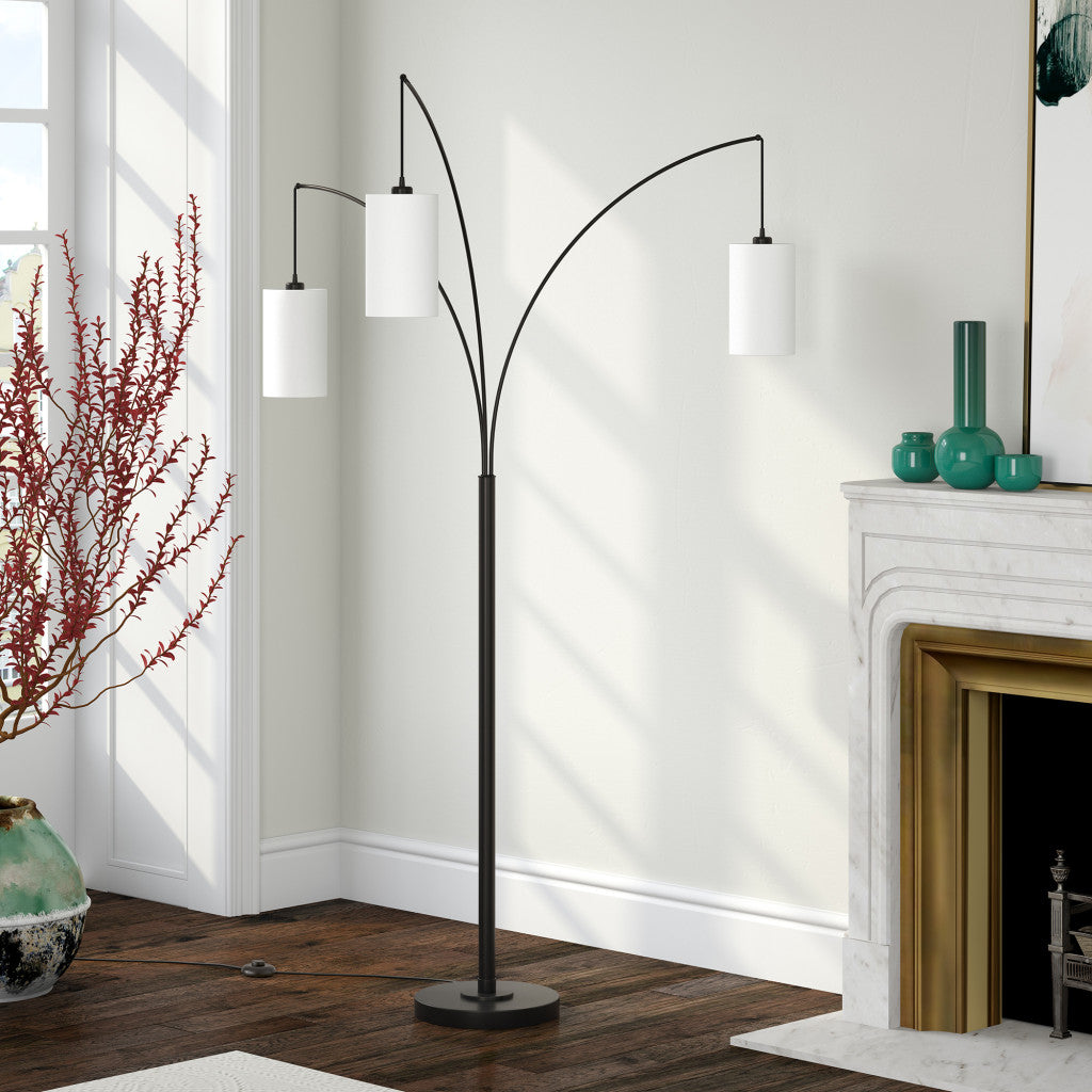 83" Black Three Light Torchiere Floor Lamp With White Frosted Glass Drum Shade