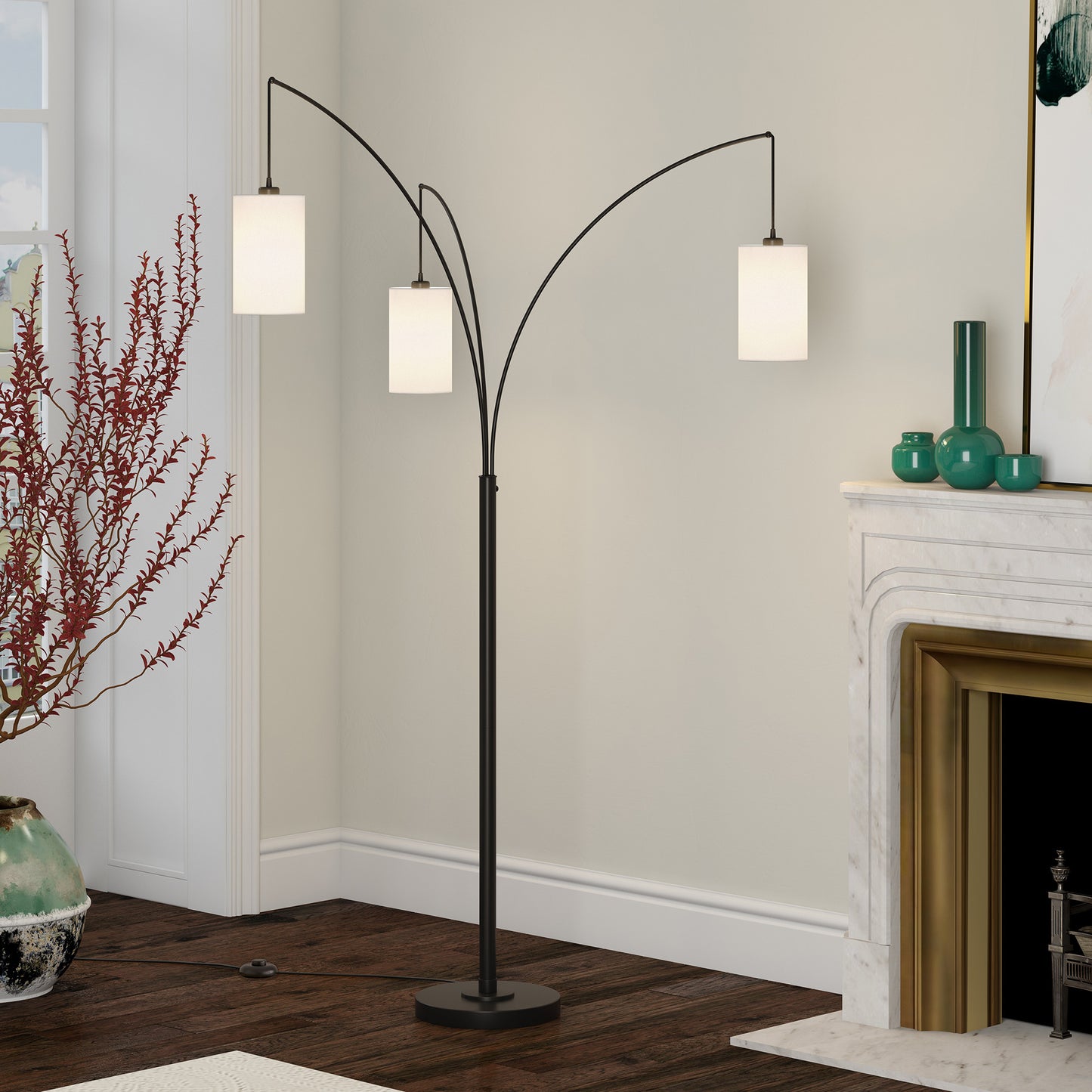 83" Black Three Light Torchiere Floor Lamp With White Frosted Glass Drum Shade