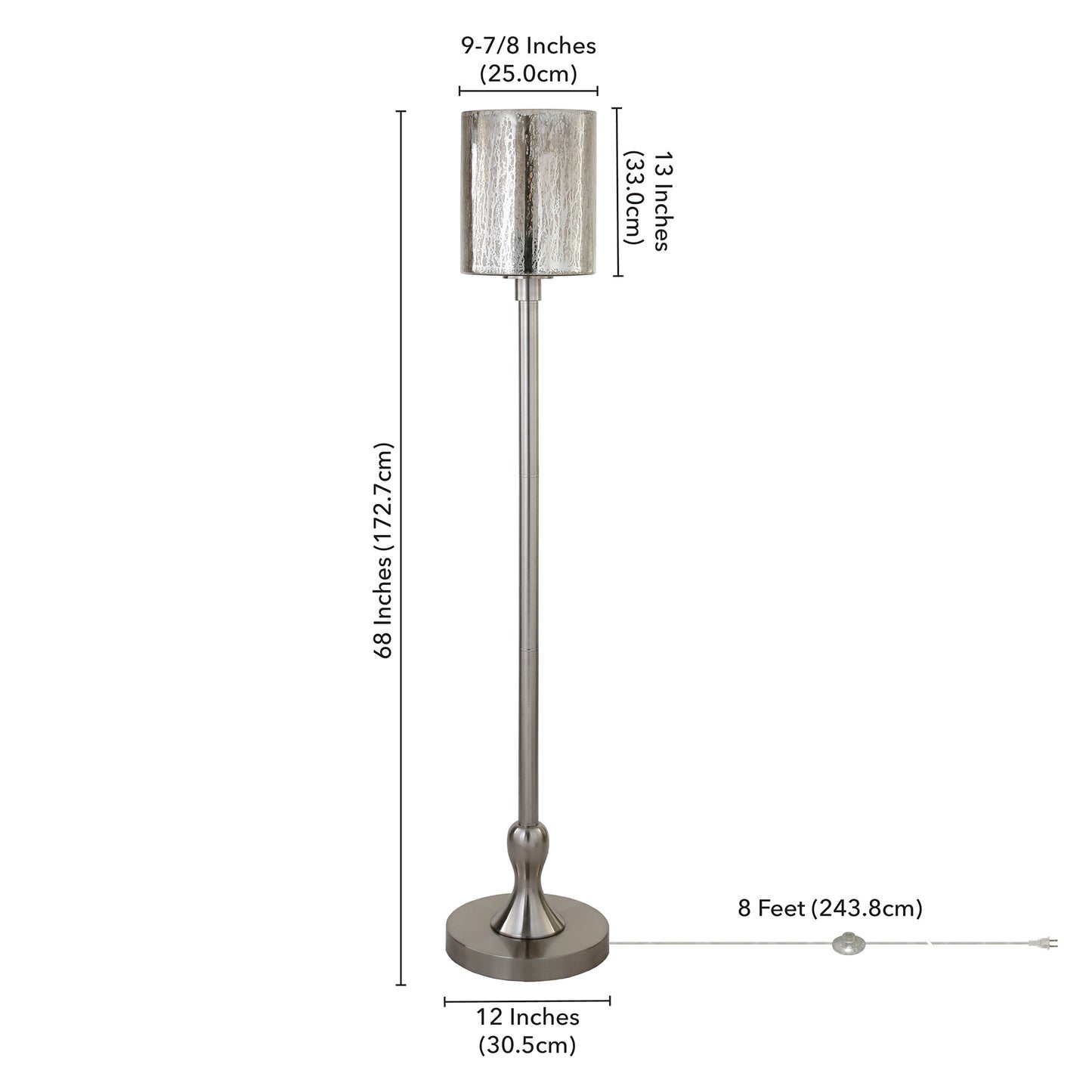 68" Nickel Torchiere Floor Lamp With Silver Transparent Glass Drum Shade