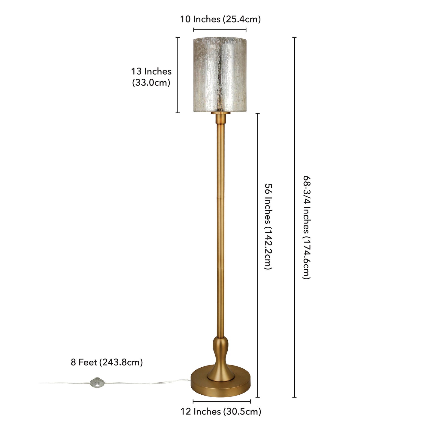 68" Brass Torchiere Floor Lamp With Clear Transparent Glass Drum Shade