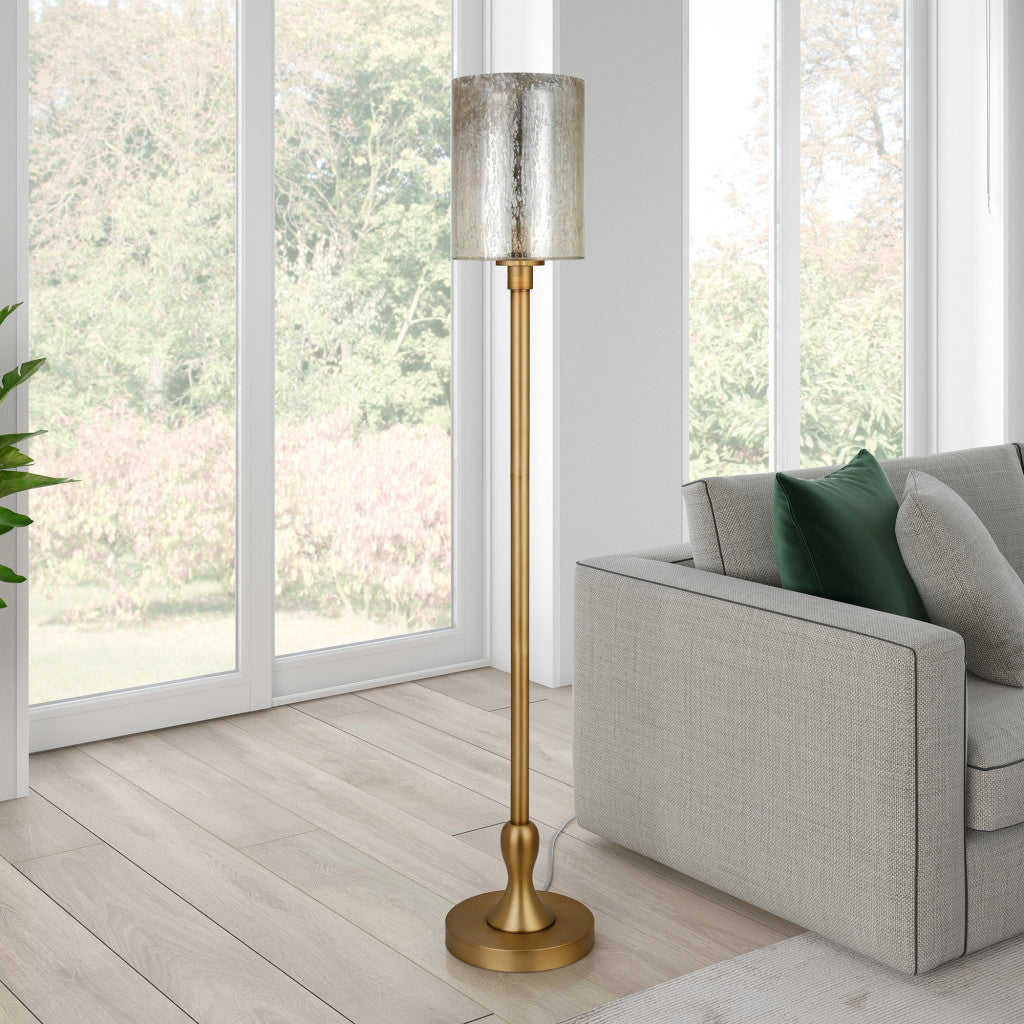 68" Brass Torchiere Floor Lamp With Clear Transparent Glass Drum Shade