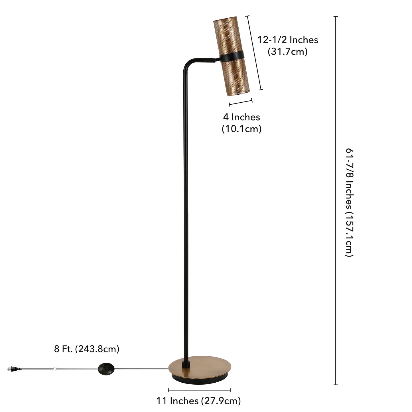 62" Black Reading Floor Lamp With Brass Drum Shade