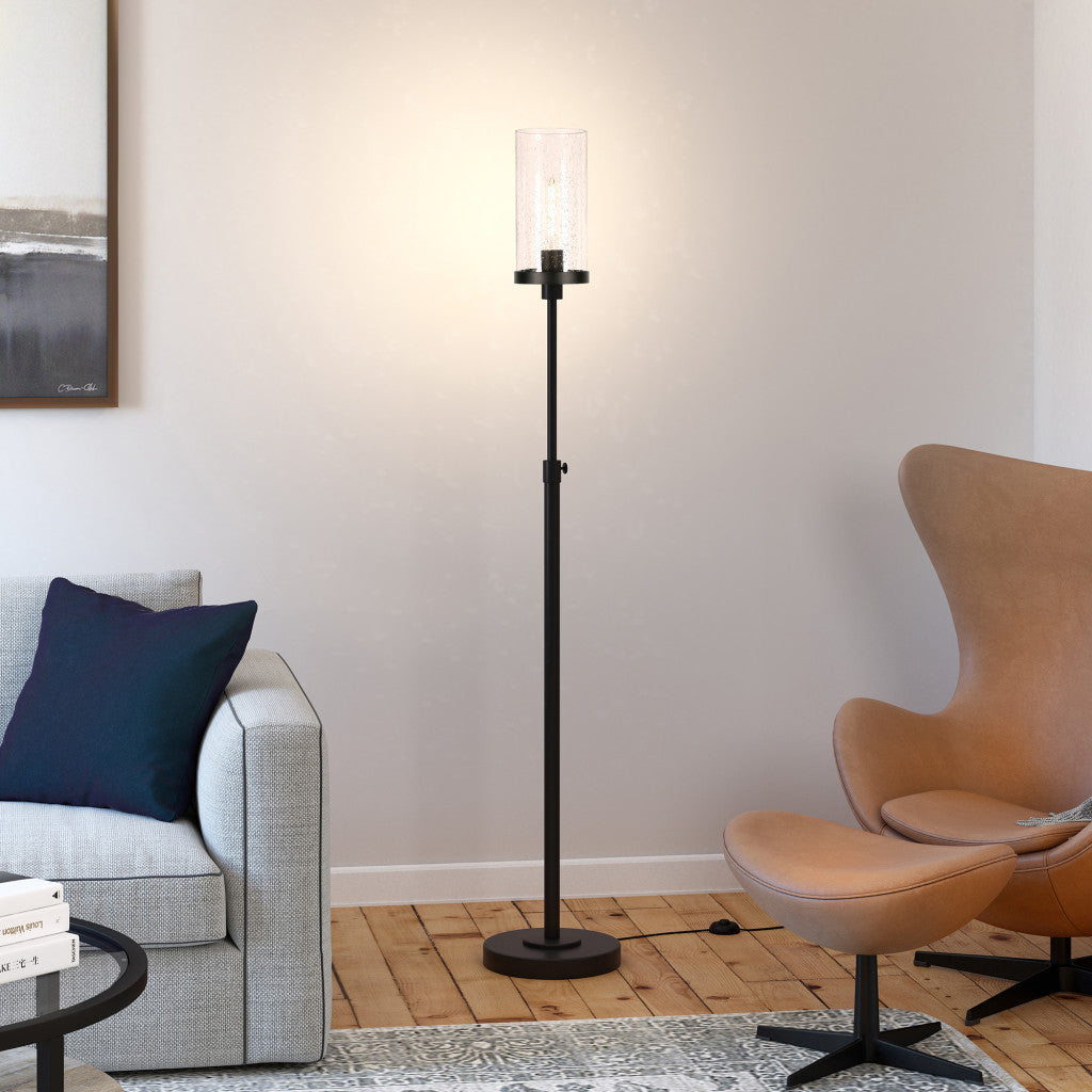 66" Black Torchiere Floor Lamp With Clear Seeded Glass Drum Shade