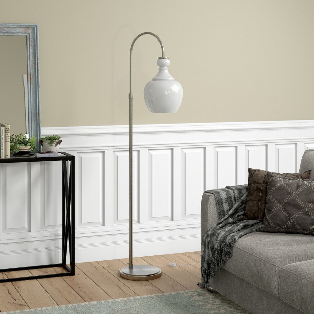 70" Nickel Arched Floor Lamp With White Frosted Glass Dome Shade