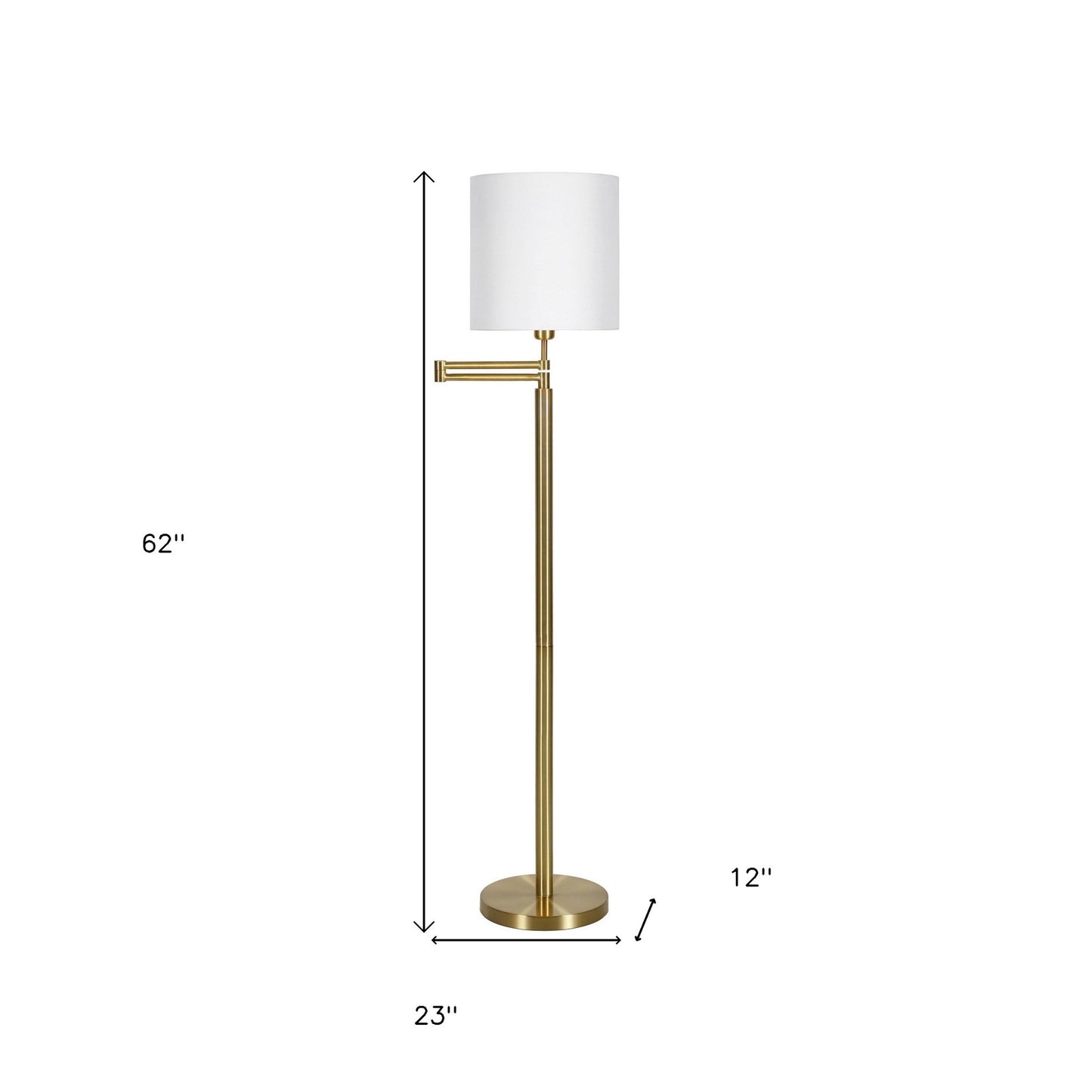 62" Brass Swing Arm Floor Lamp With White Frosted Glass Drum Shade