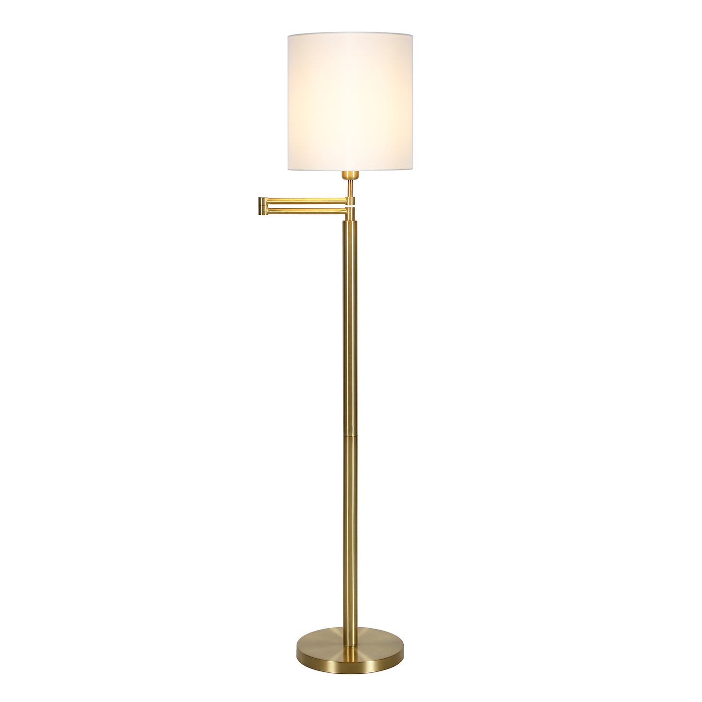 62" Brass Swing Arm Floor Lamp With White Frosted Glass Drum Shade