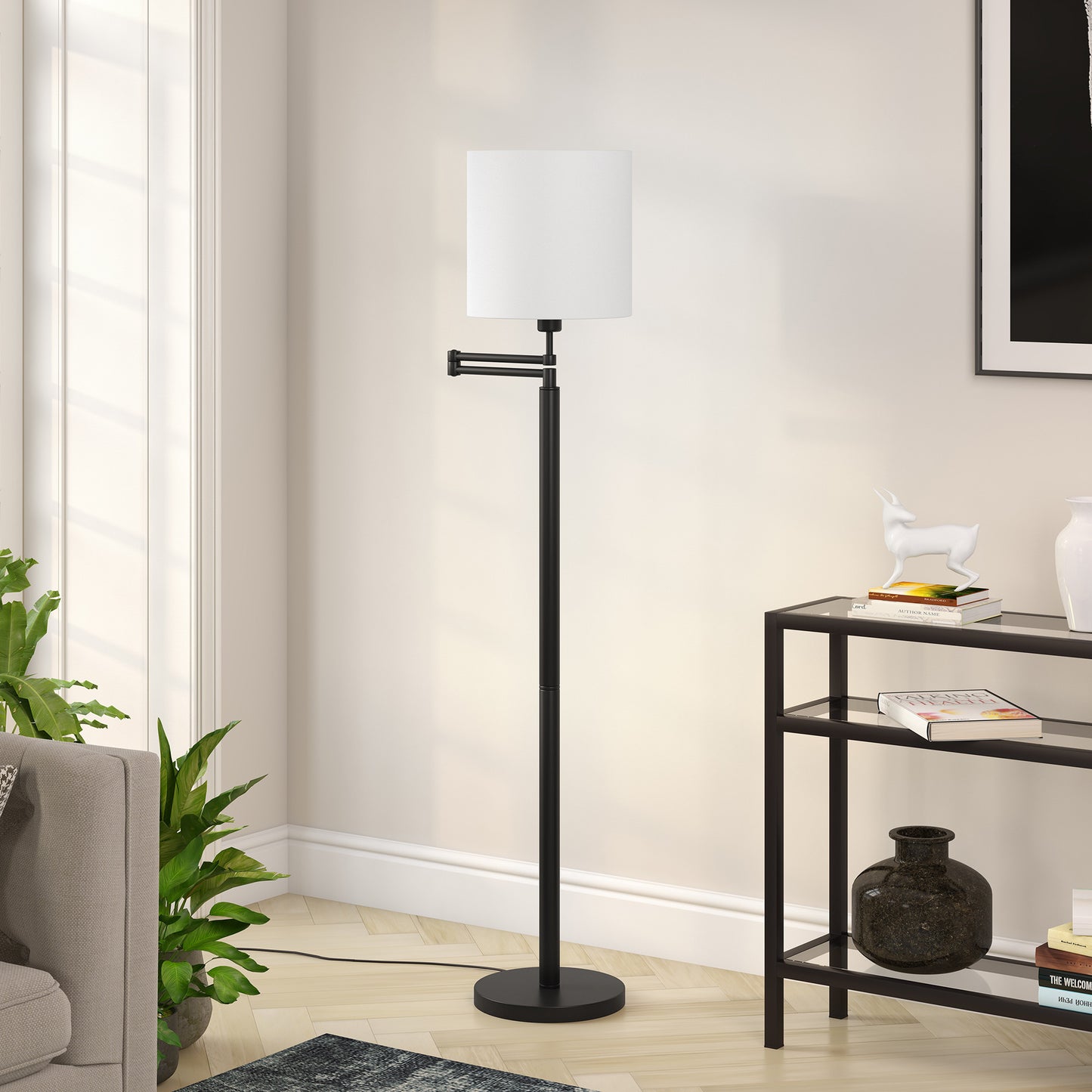 62" Black Swing Arm Floor Lamp With White Frosted Glass Drum Shade