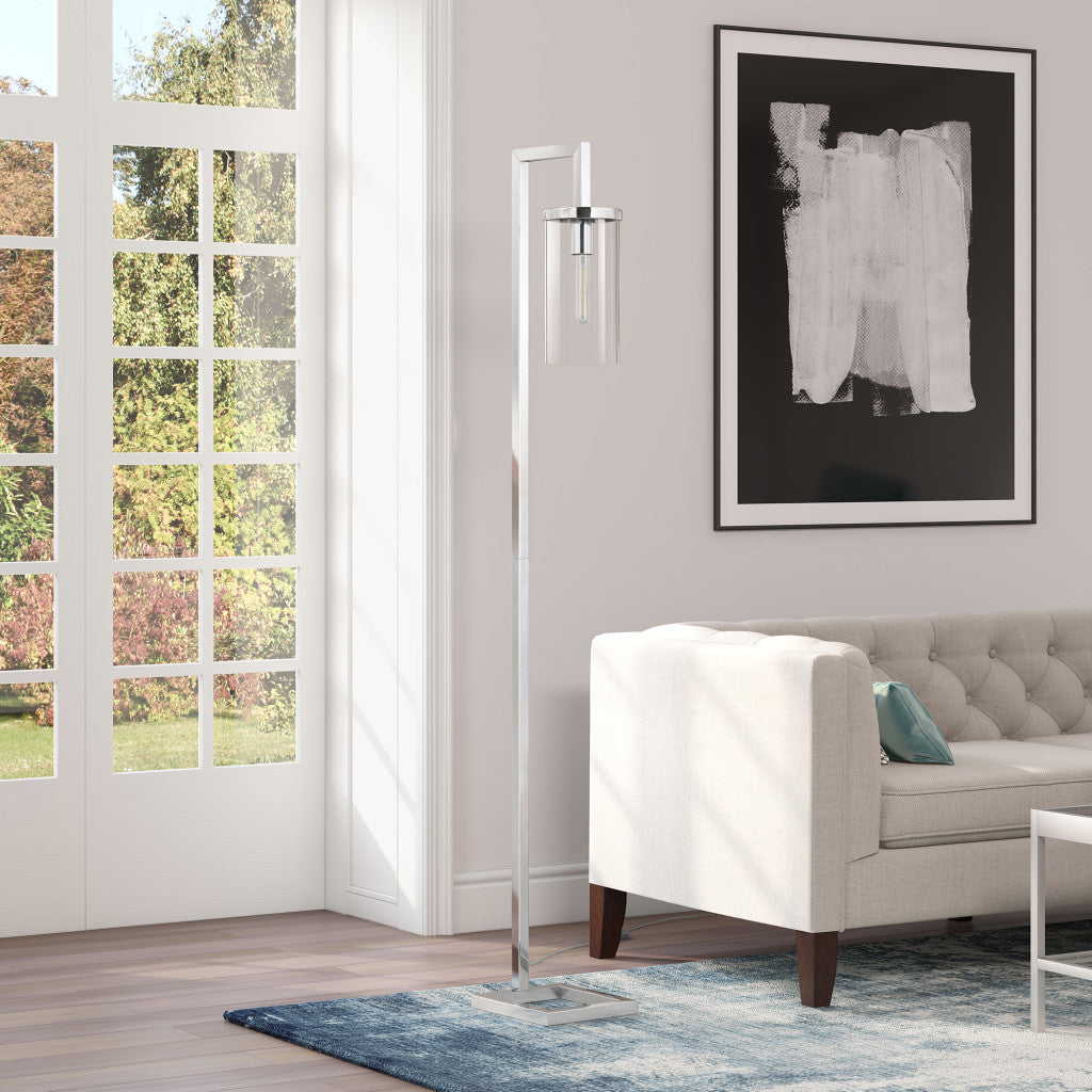 67" Nickel Reading Floor Lamp With Clear Transparent Glass Drum Shade