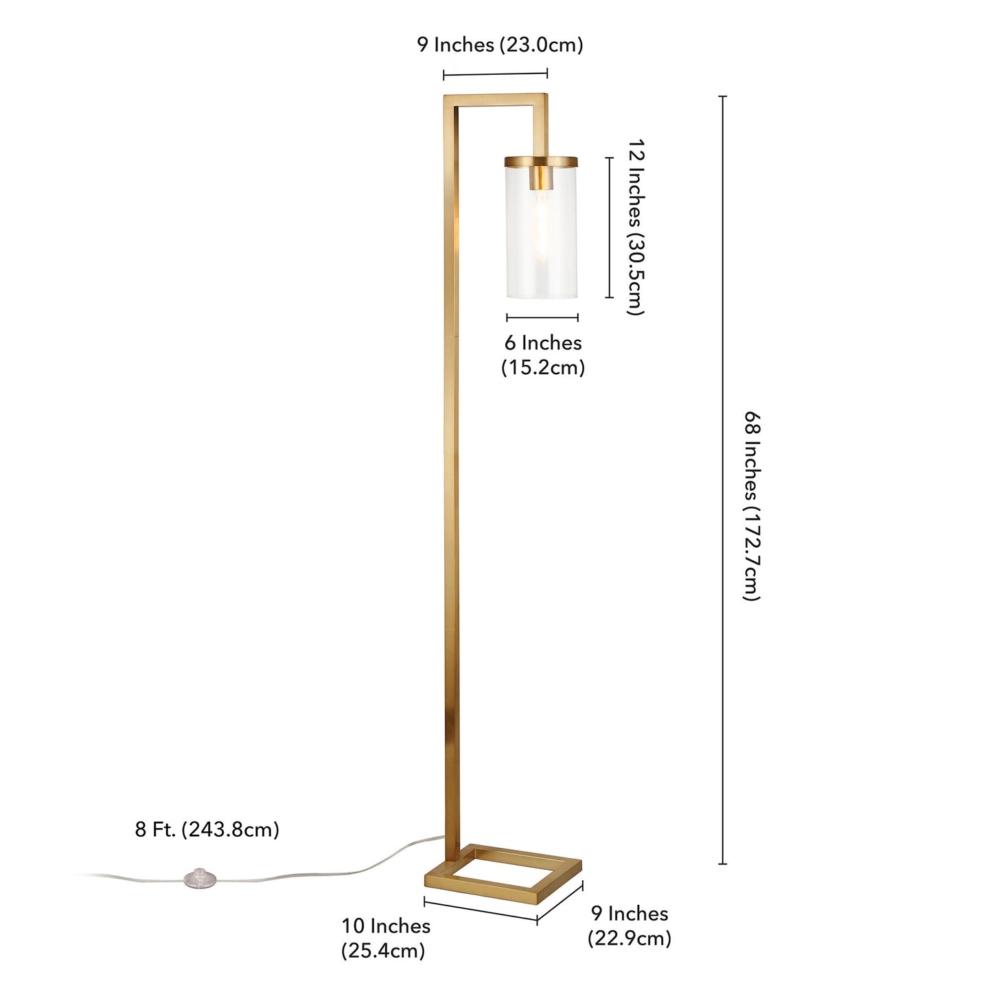 67" Brass Reading Floor Lamp With Clear Transparent Glass Drum Shade