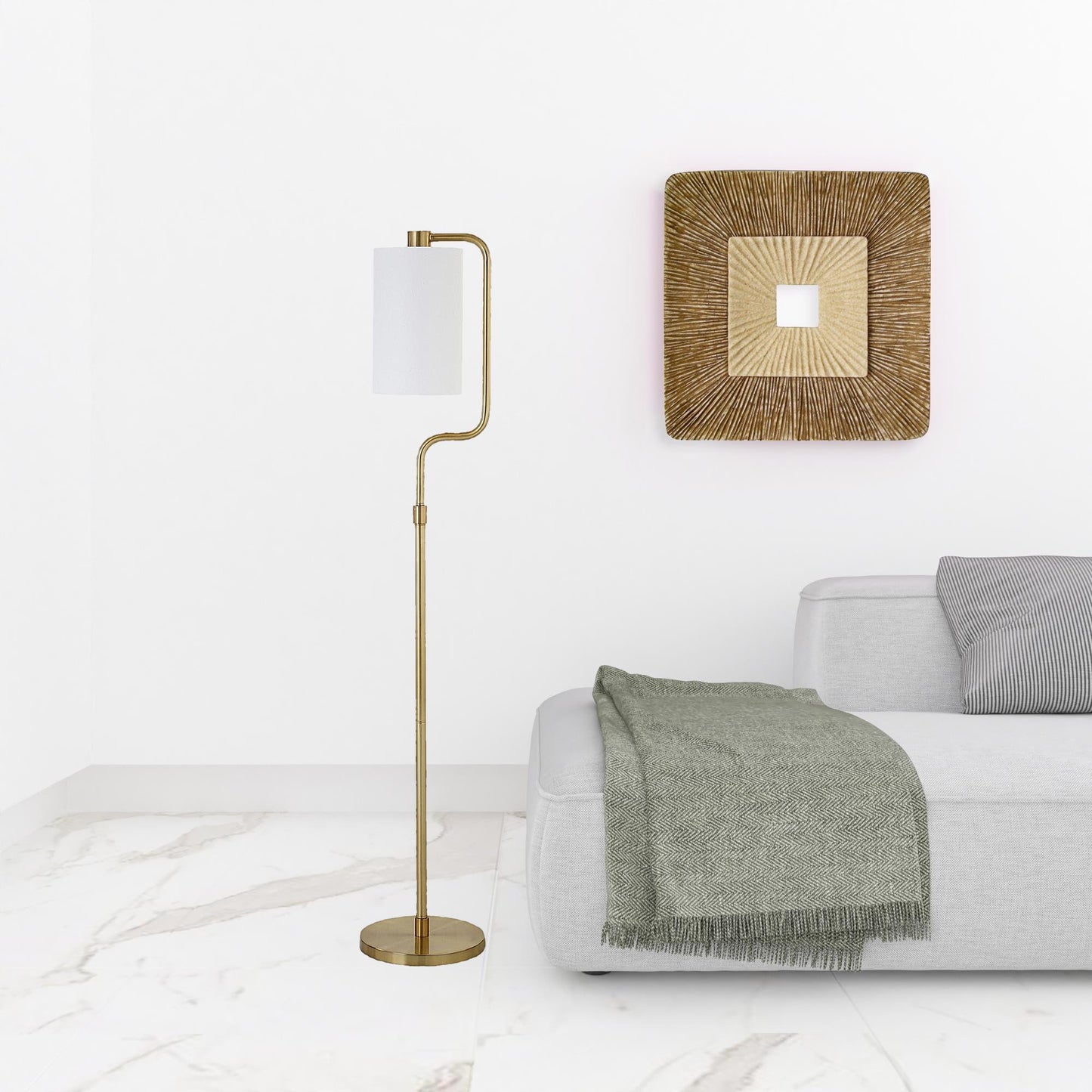 62" Brass Reading Floor Lamp With White Frosted Glass Drum Shade