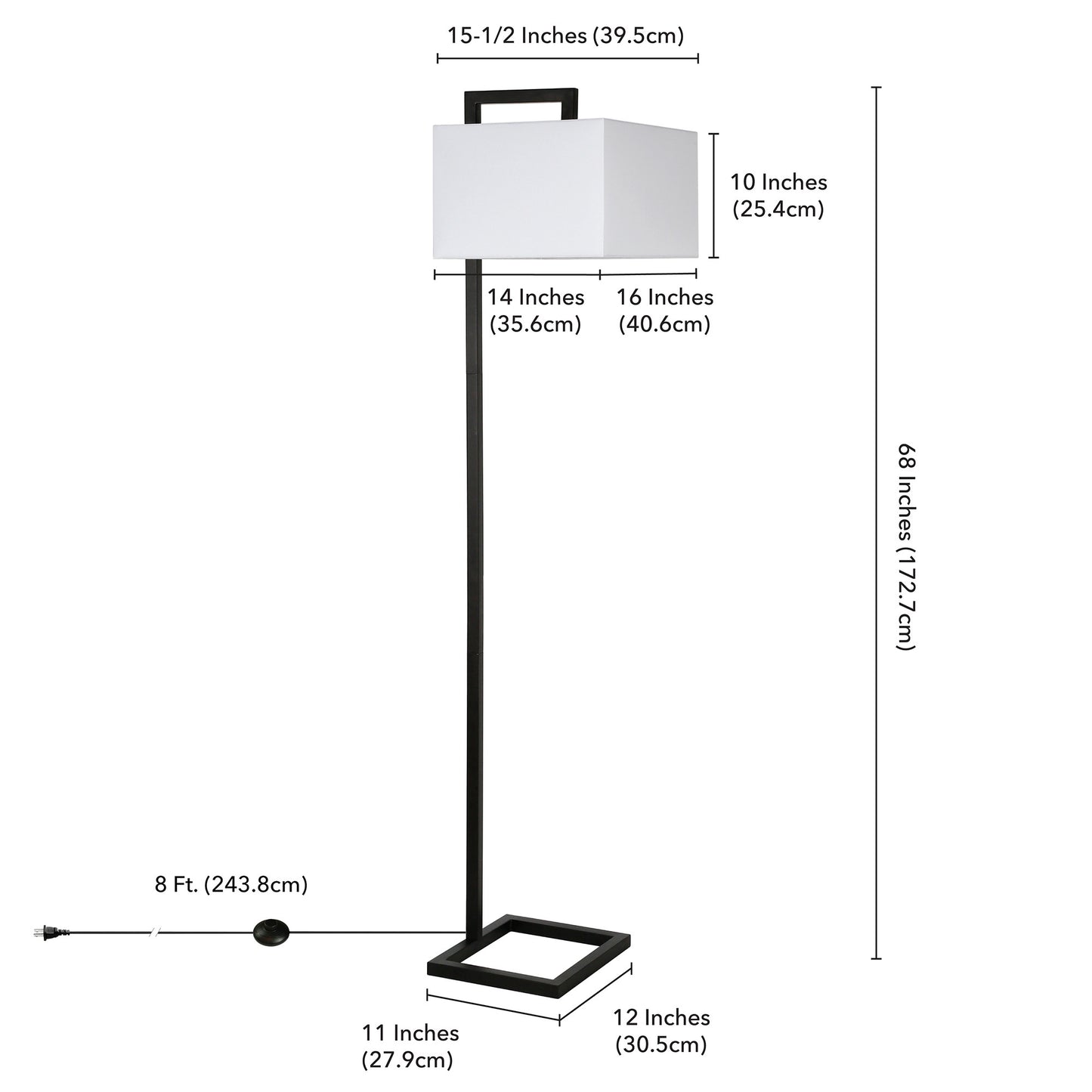 68" Black Floor Lamp With White Frosted Glass Rectangular Shade