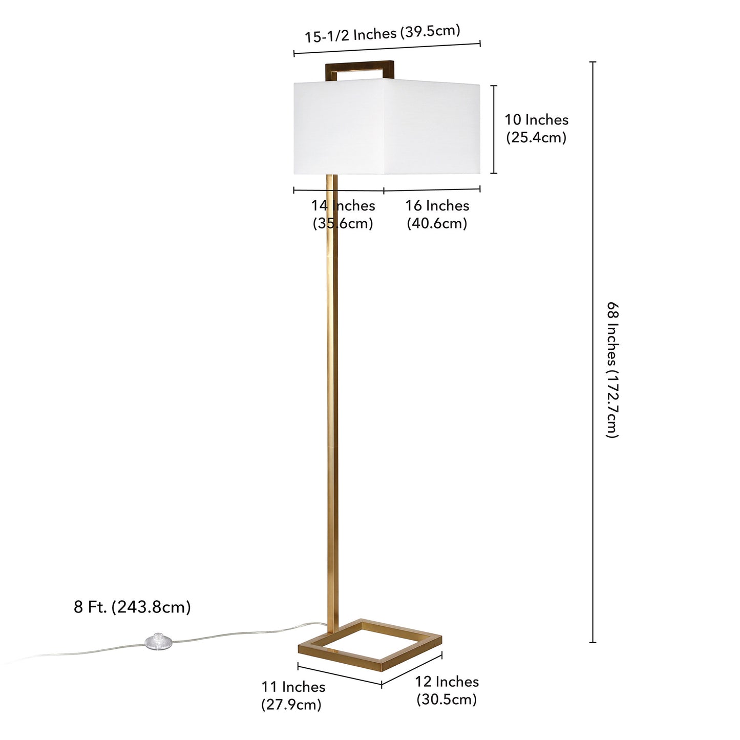 68" Brass Floor Lamp With White Frosted Glass Rectangular Shade