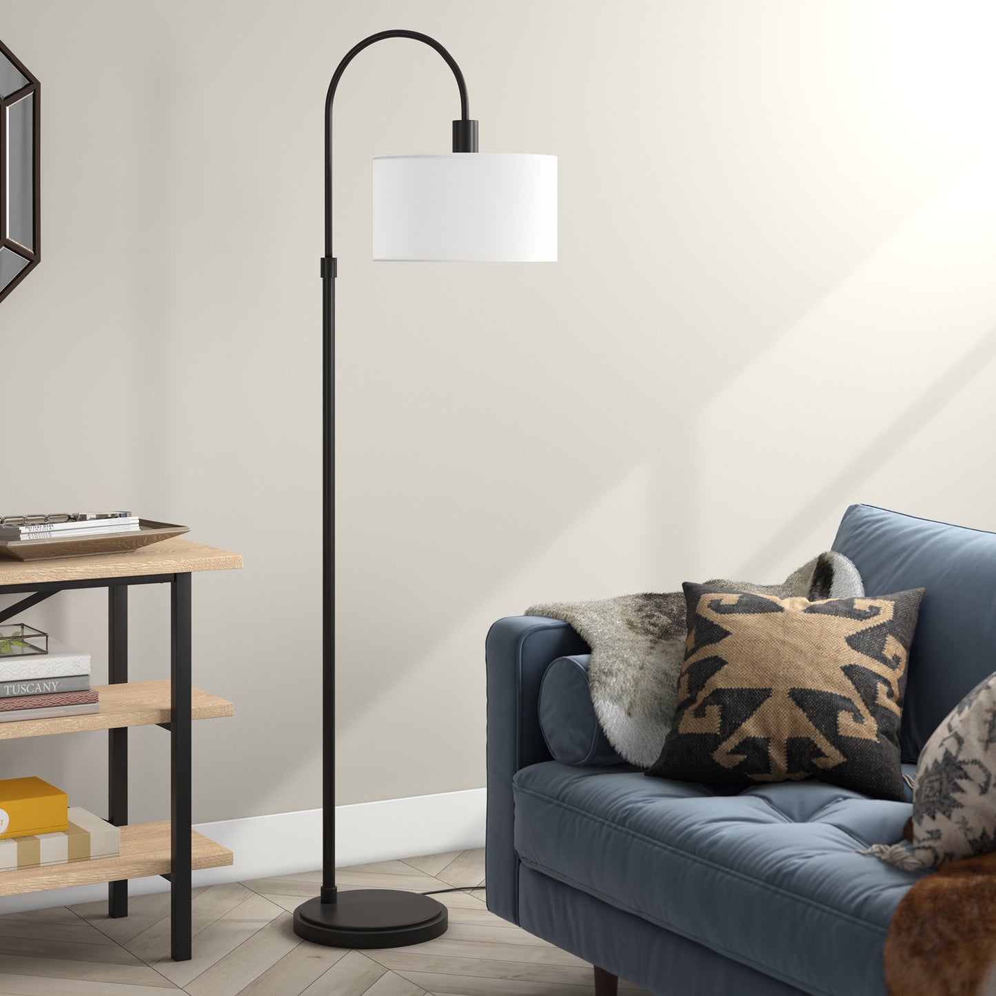 70" Black Arched Floor Lamp With White Frosted Glass Drum Shade