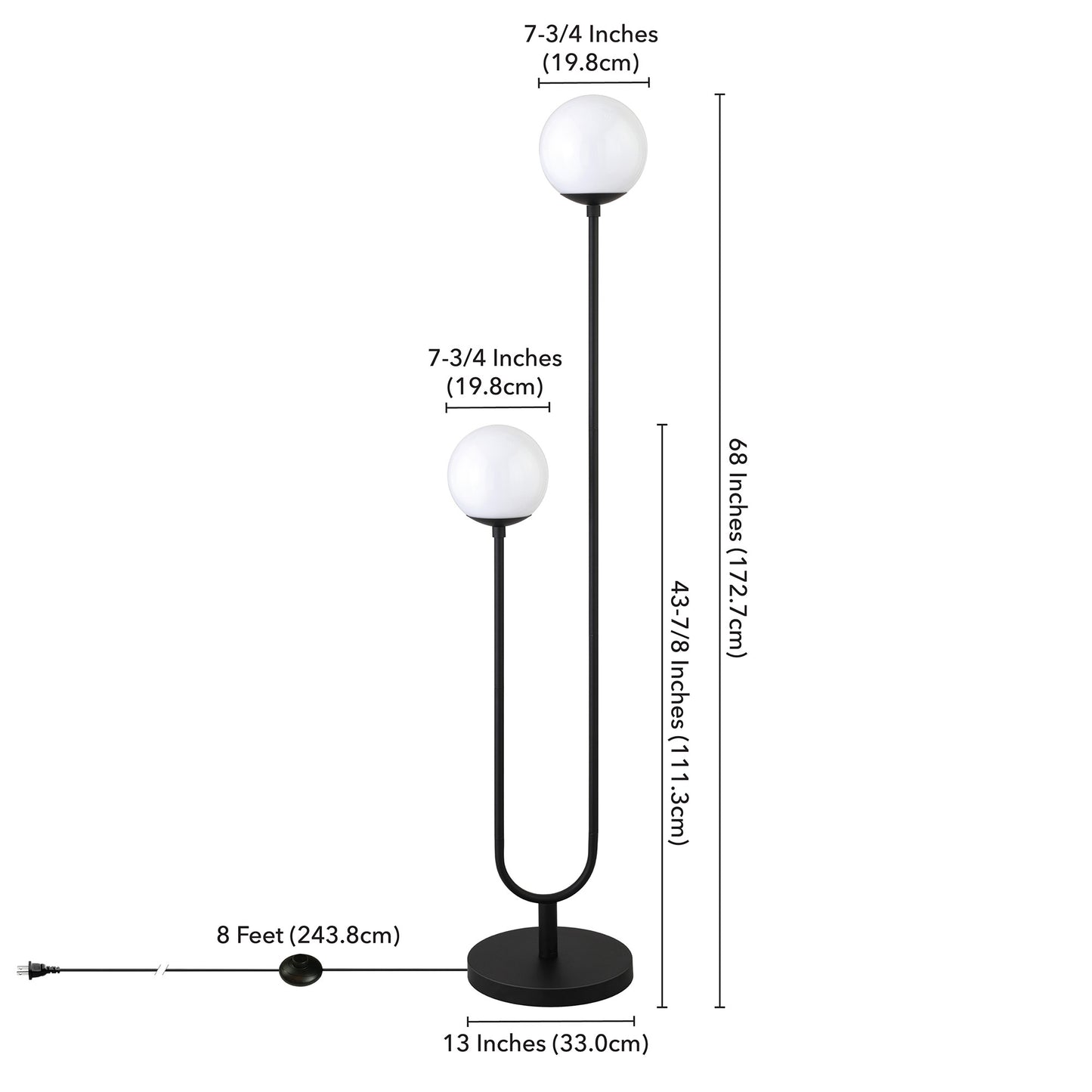 69" Black Two Light Novelty Floor Lamp With White Frosted Glass Globe Shade