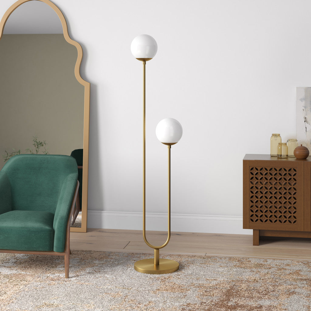 69" Brass Two Light Novelty Floor Lamp With White Frosted Glass Globe Shade