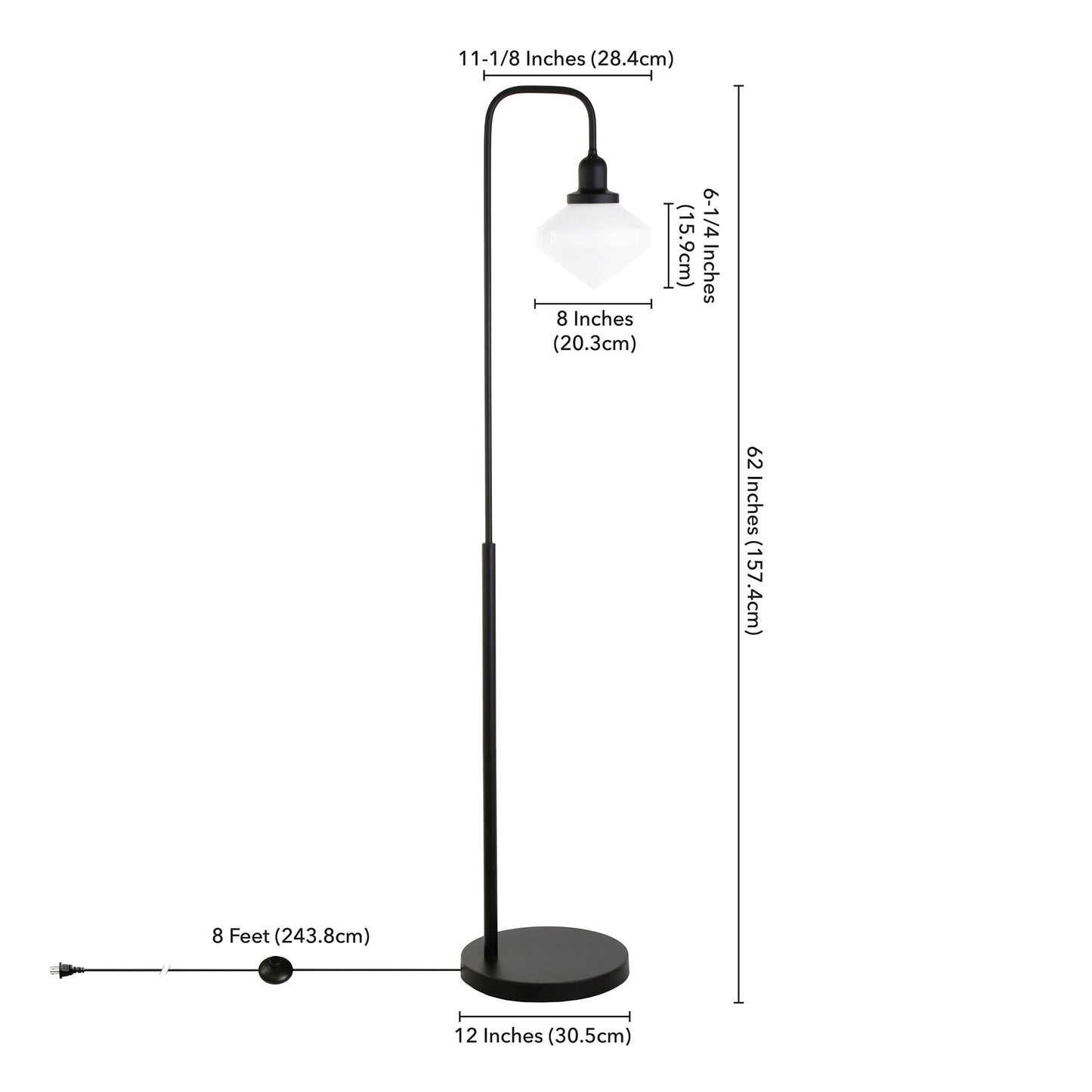 62" Black Arched Floor Lamp With White Frosted Glass Shade