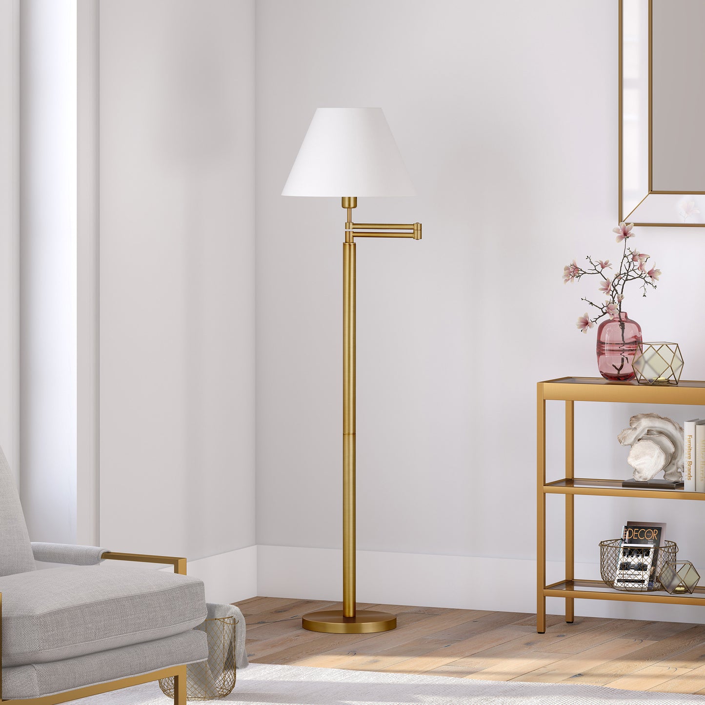 62" Brass Swing Arm Floor Lamp With White Frosted Glass Empire Shade