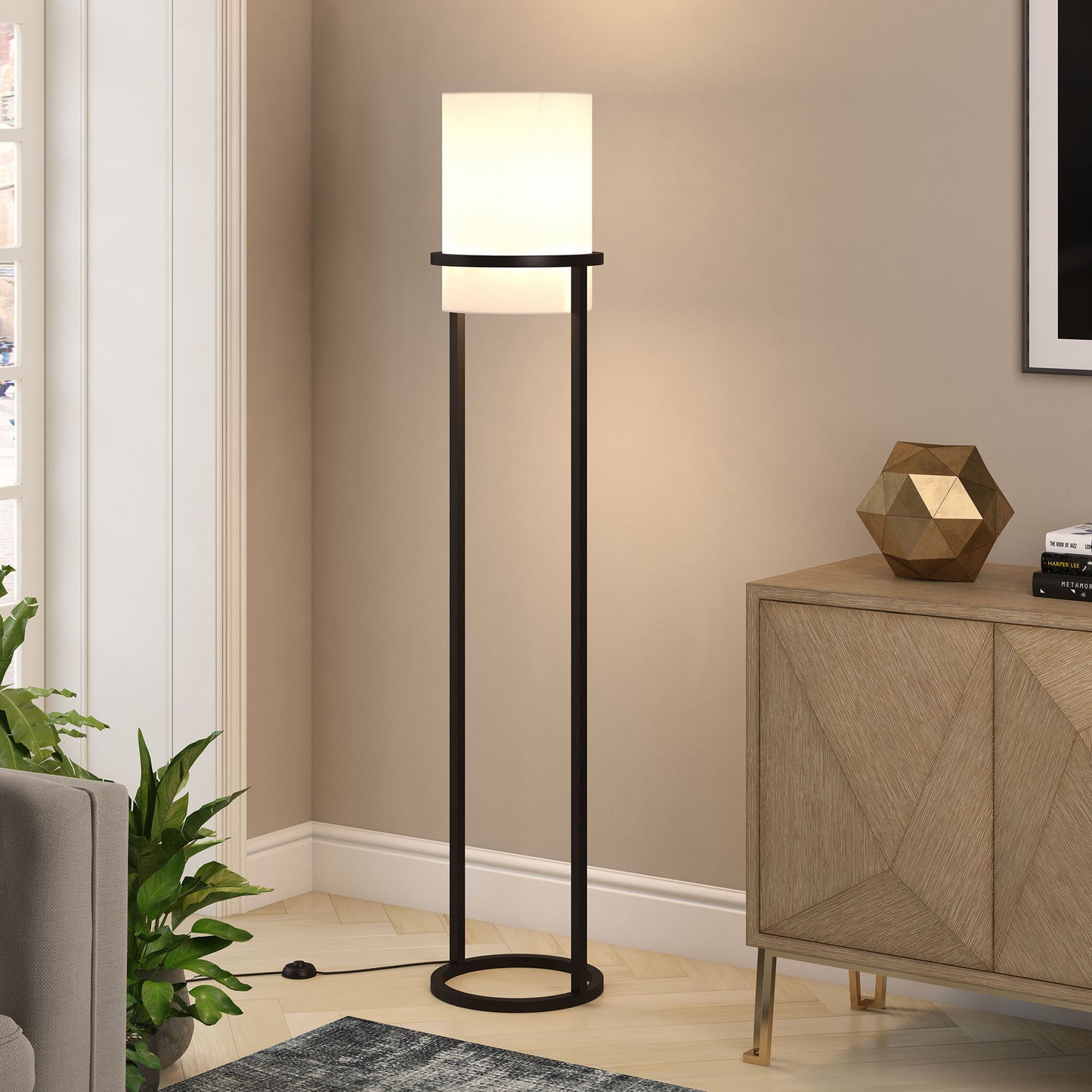 62" Black Column Floor Lamp With White Fabric Drum Shade