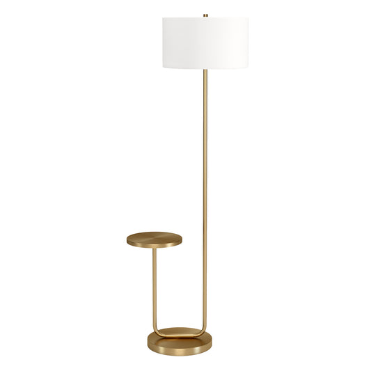 66" Brass Tray Table Floor Lamp With White No Pattern Frosted Glass Drum Shade