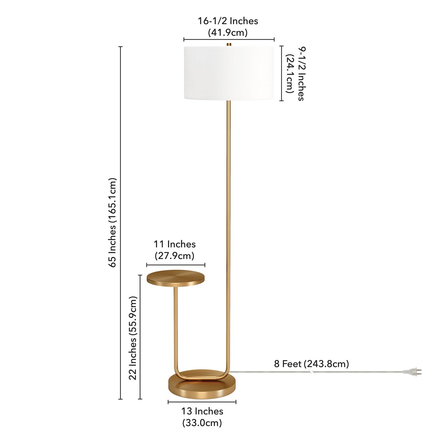 66" Brass Tray Table Floor Lamp With White No Pattern Frosted Glass Drum Shade