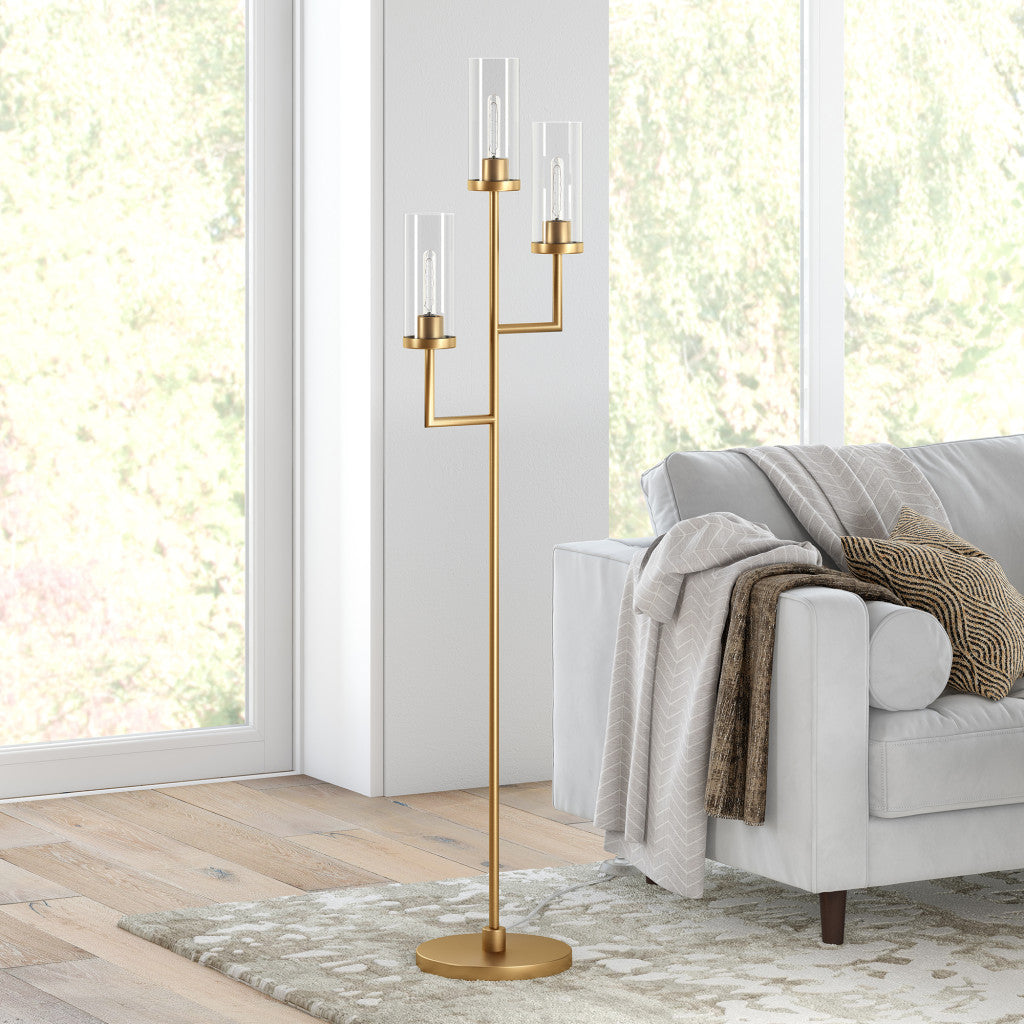 69" Brass Three Light Torchiere Floor Lamp With Clear Transparent Glass Drum Shade