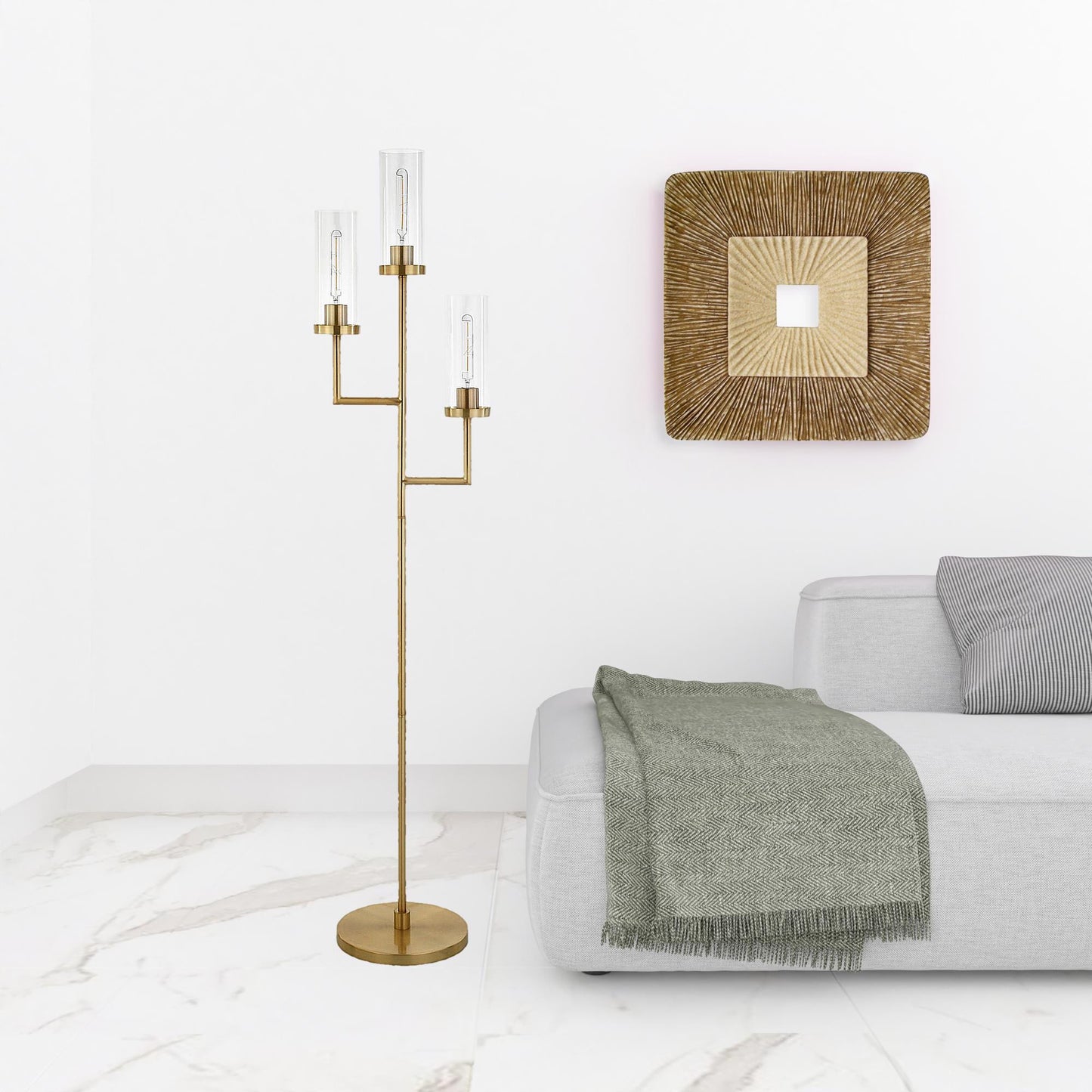 69" Brass Three Light Torchiere Floor Lamp With Clear Transparent Glass Drum Shade