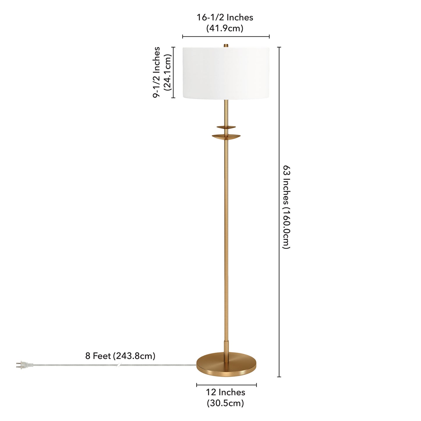 63" Brass Traditional Shaped Floor Lamp With White Frosted Glass Drum Shade