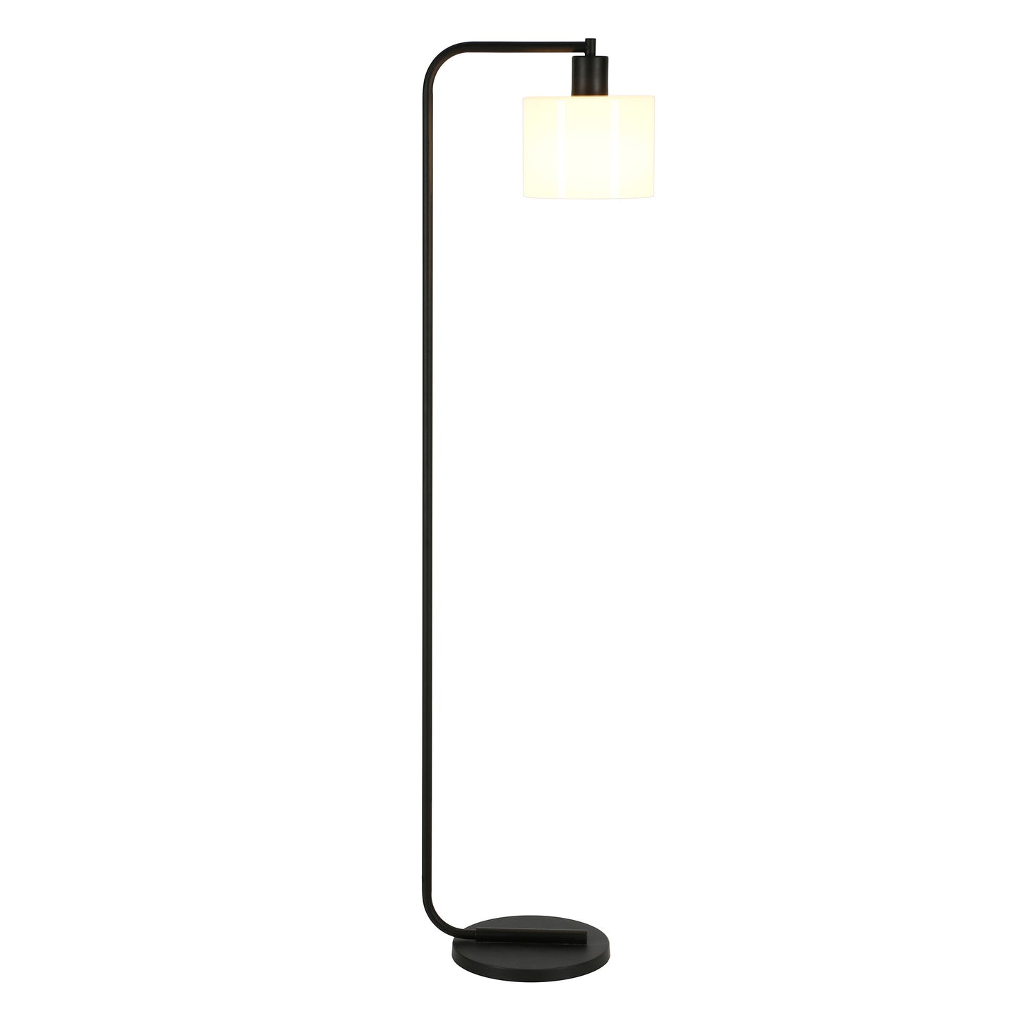 57" Black Arched Floor Lamp With White Frosted Glass Drum Shade