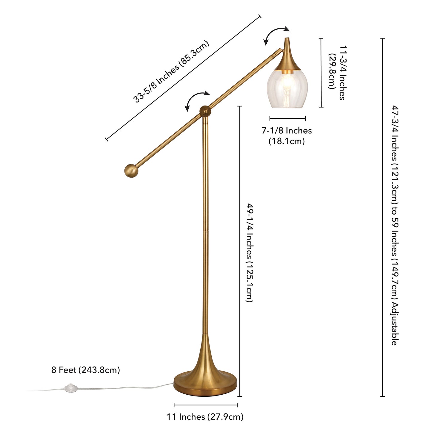 59" Brass Reading Floor Lamp With Clear Transparent Glass Empire Shade