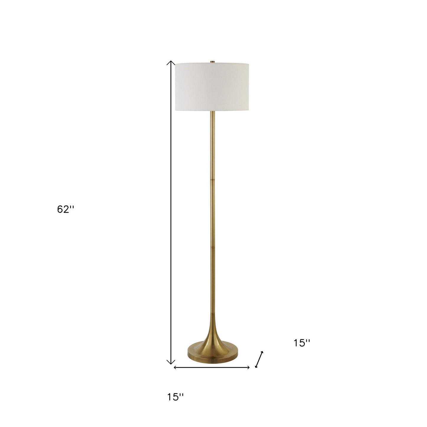 62" Brass Floor Lamp With White Fabric Drum Shade